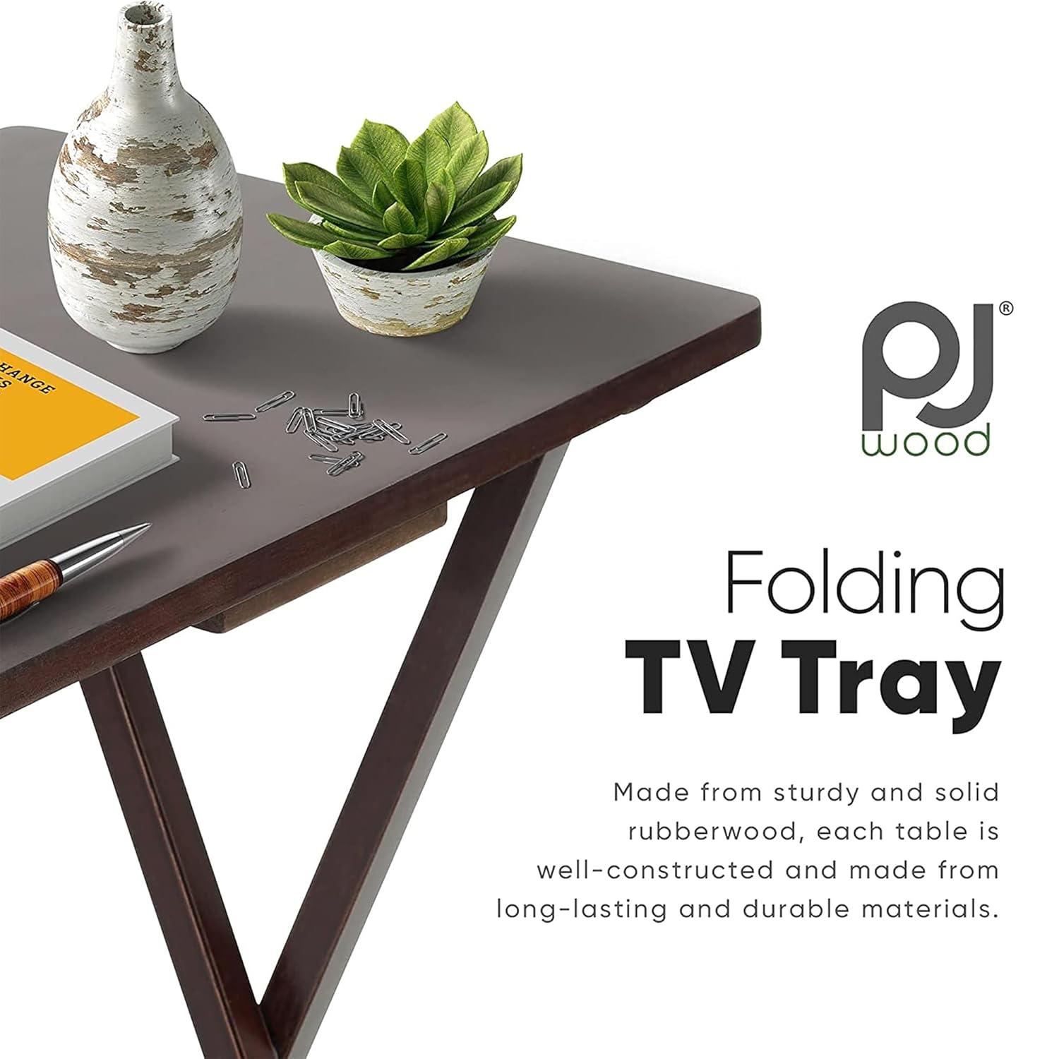 PJ Wood Solid and Sturdy Wood Construction Portable Folding TV Snack Tray Table Desk Serving Stand, Espresso Brown (4-Piece Set)