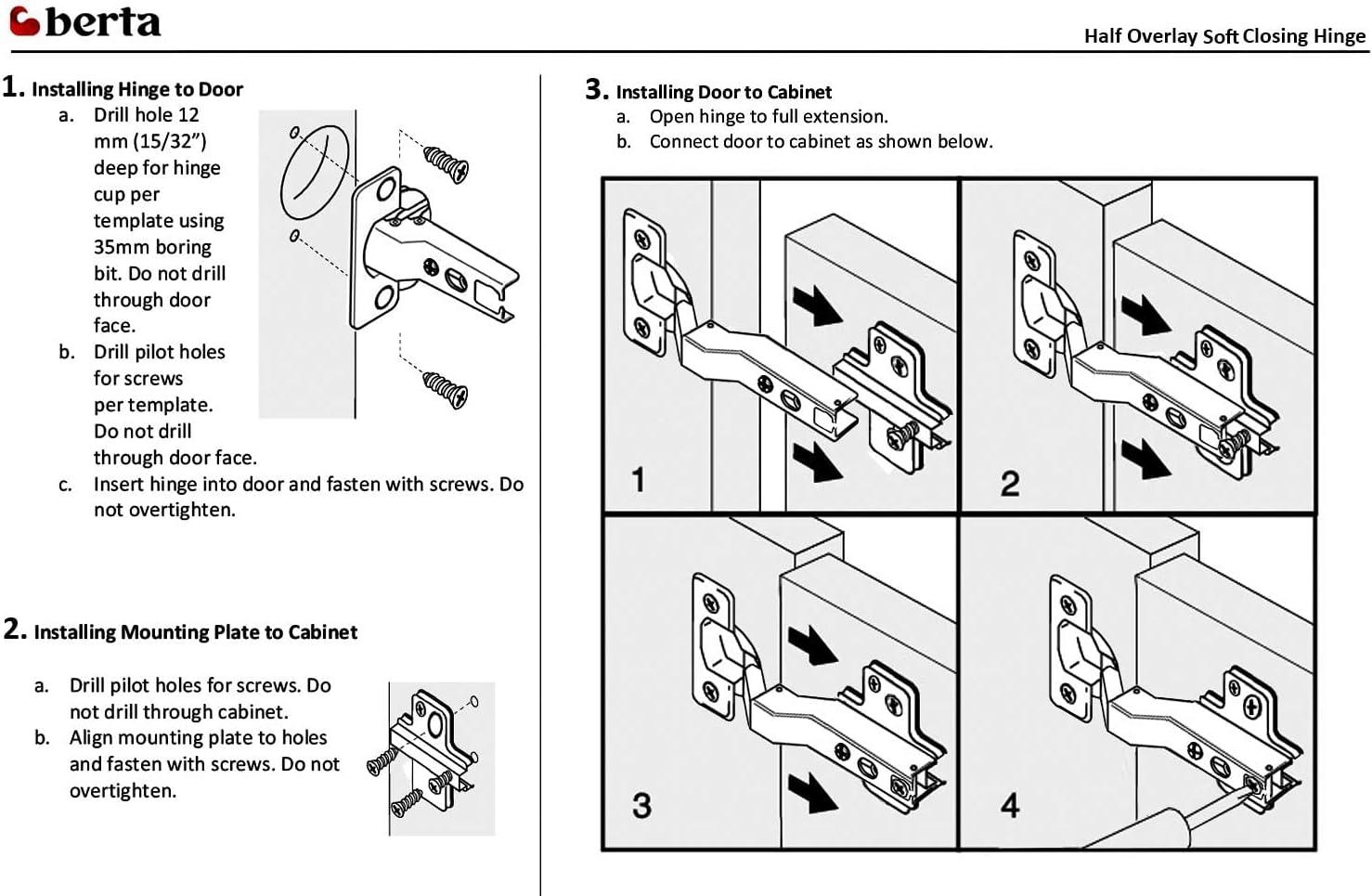 Berta (20 Pieces) Half Overlay Soft Close Frameless Hinges, 110 Degree 6-Ways 3-Cam Adjustment Concealed Kitchen Cabinet Door Hinges