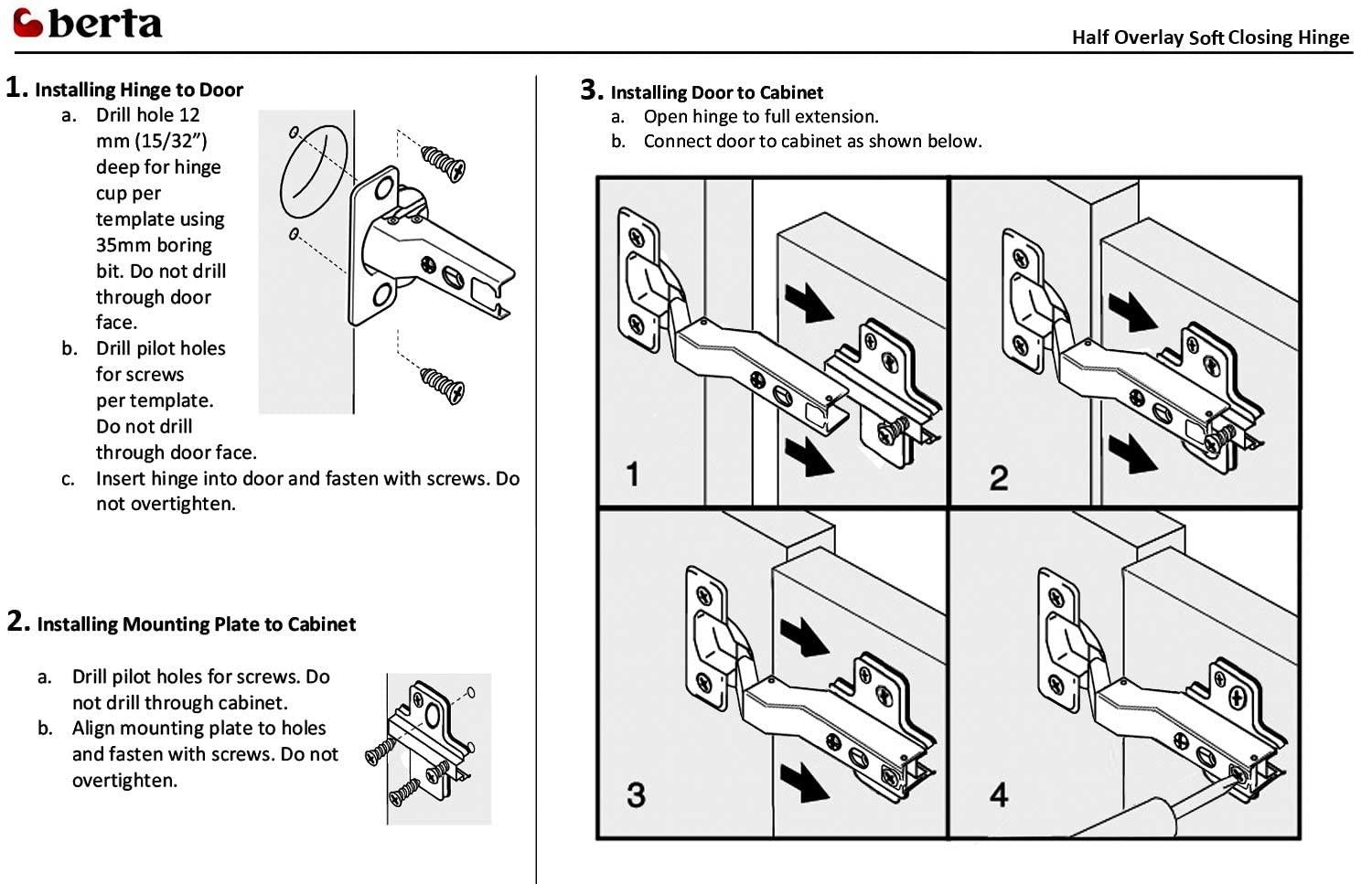 Berta (20 Pieces) Half Overlay Soft Close Frameless Hinges, 110 Degree 6-Ways 3-Cam Adjustment Concealed Kitchen Cabinet Door Hinges