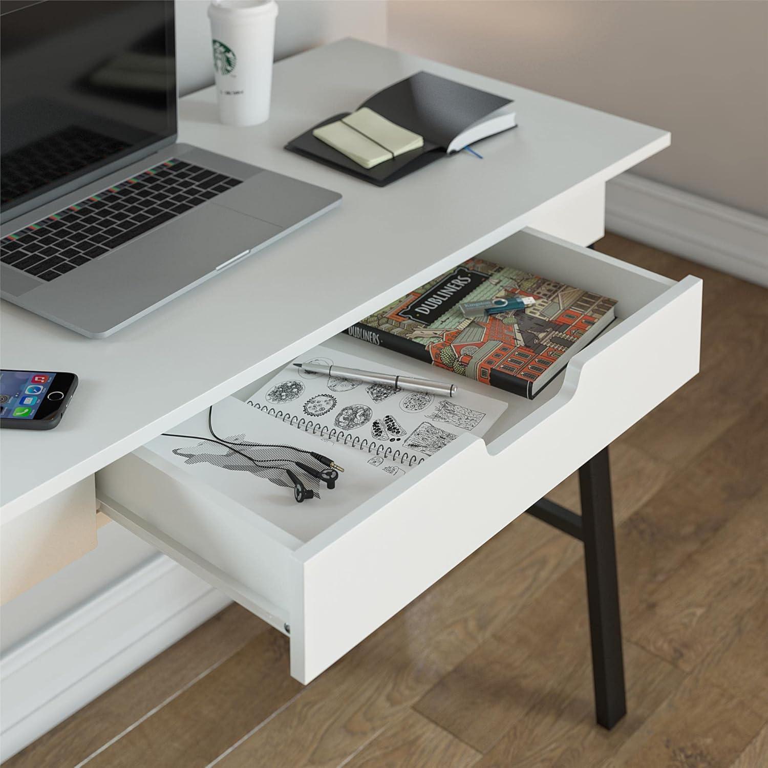 White and Black Wood Computer Desk with Drawer