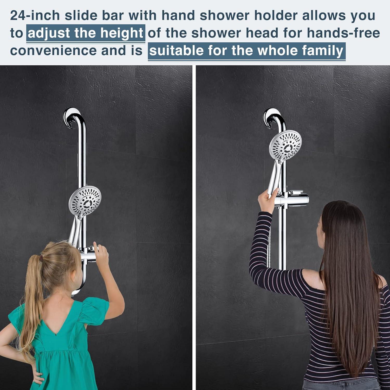 Bright Showers Stainless Steel Slide Bar Grab Rail Set Ada Compliant Includes Handheld Shower Head and 69'' Hose-Chrome