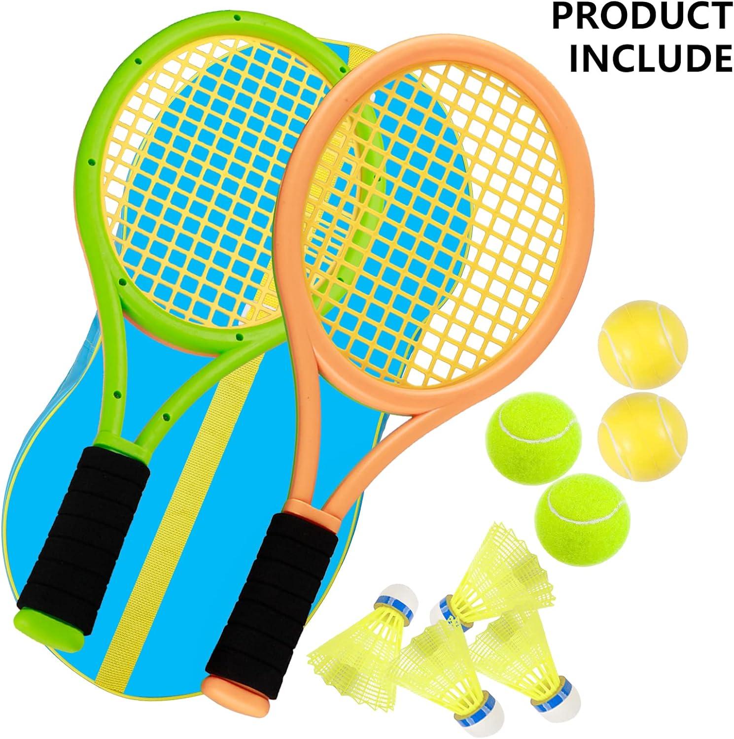 Kids Tennis Racket,17 Inch Plastic Tennis Racket with 2 Soft Balls,2 Tennis Balls and 4 Shuttlecocks for Kid,Toddler Outdoor/Indoor Sport Play