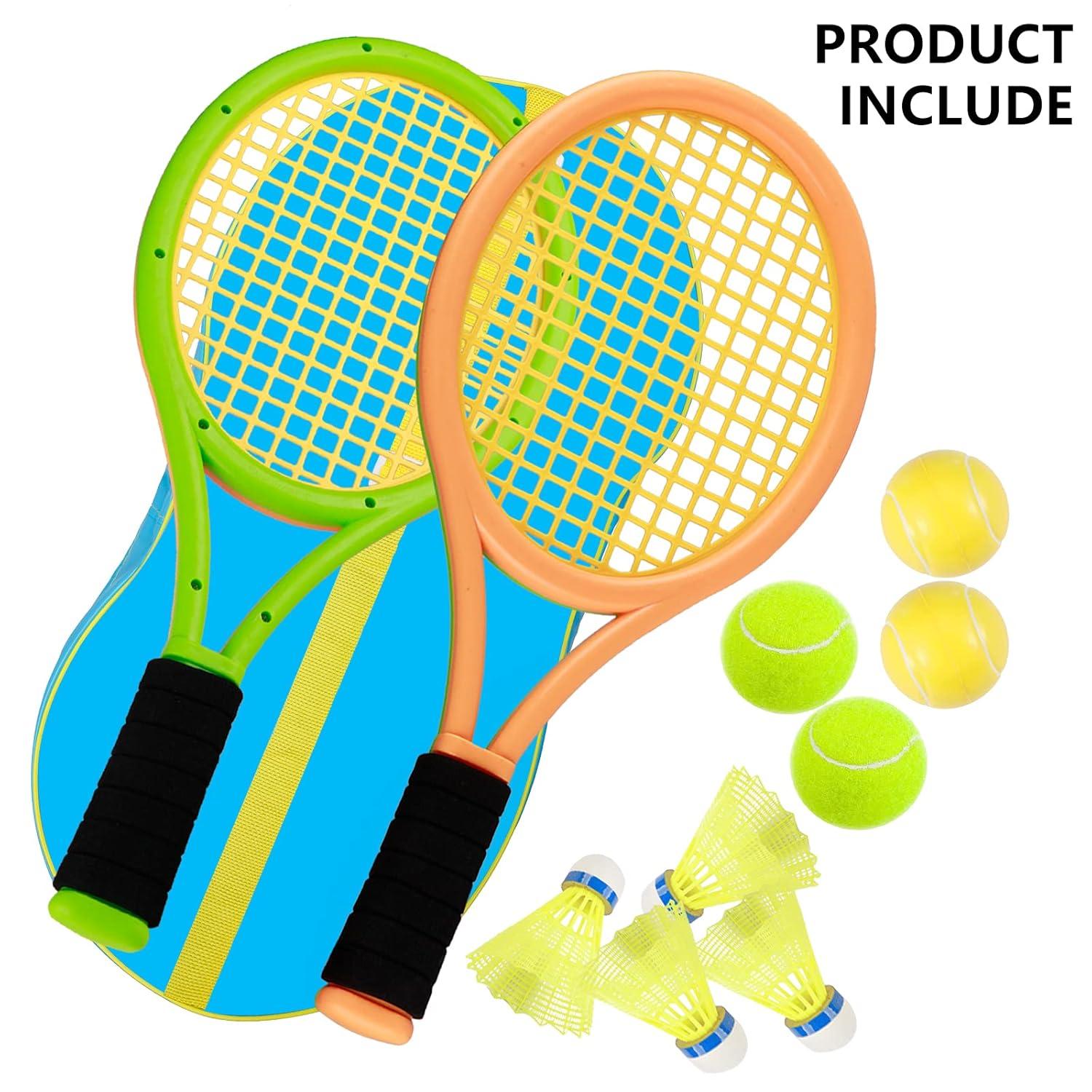 Kids Tennis Racket,17 Inch Plastic Tennis Racket with 2 Soft Balls,2 Tennis Balls and 4 Shuttlecocks for Kid,Toddler Outdoor/Indoor Sport Play