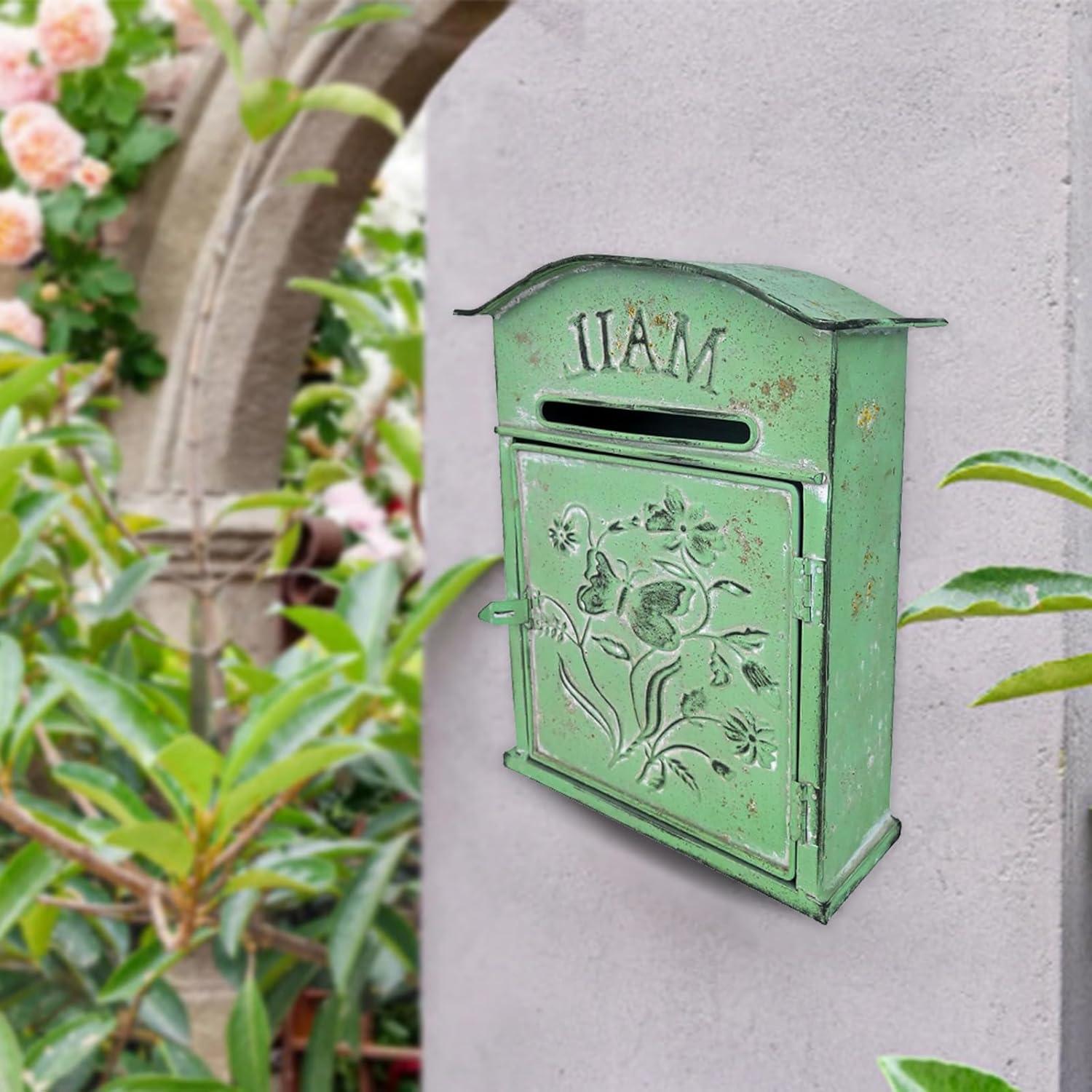 BIG FORTUNE Wall Mount Mailbox for House Outside Vintage Metal Door Mailbox Antique Style Nostalgic Charm Home Decor Garden Vintage English Cottage Decor Green