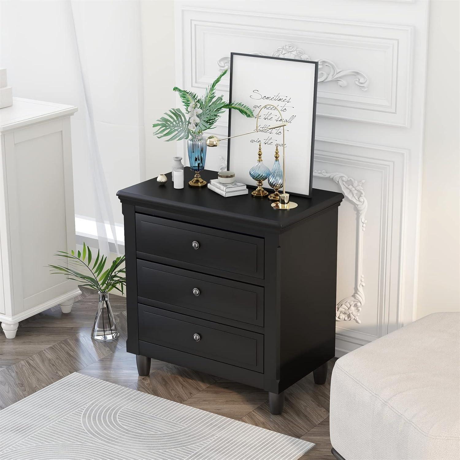 Black 3-Drawer Solid Wood Nightstand with Pine Legs