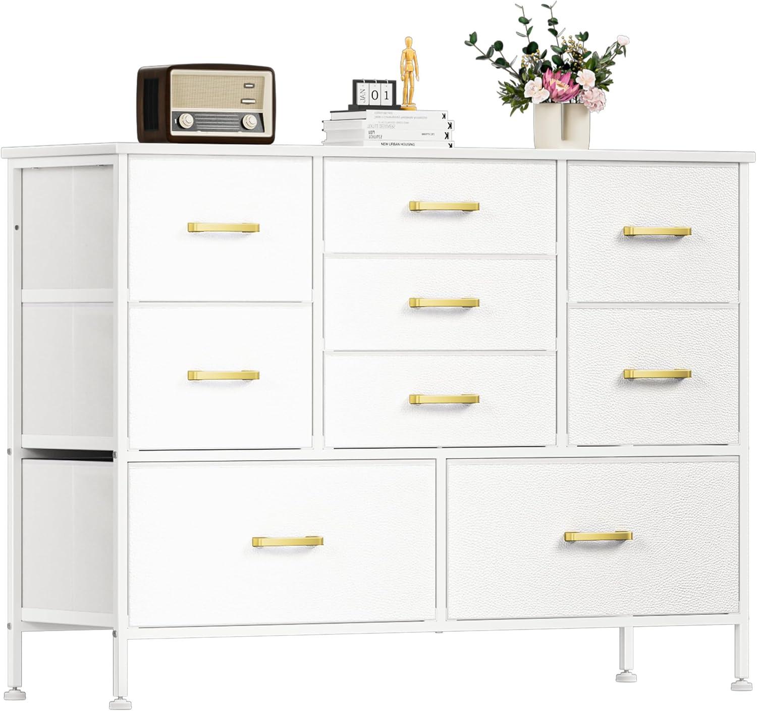 White Fabric Chest of Drawers with Leather Finish, Wide Dresser for Bedroom & Living Room TV Stand, Entertainment Center, Featuring 9 Drawers for 50” TV