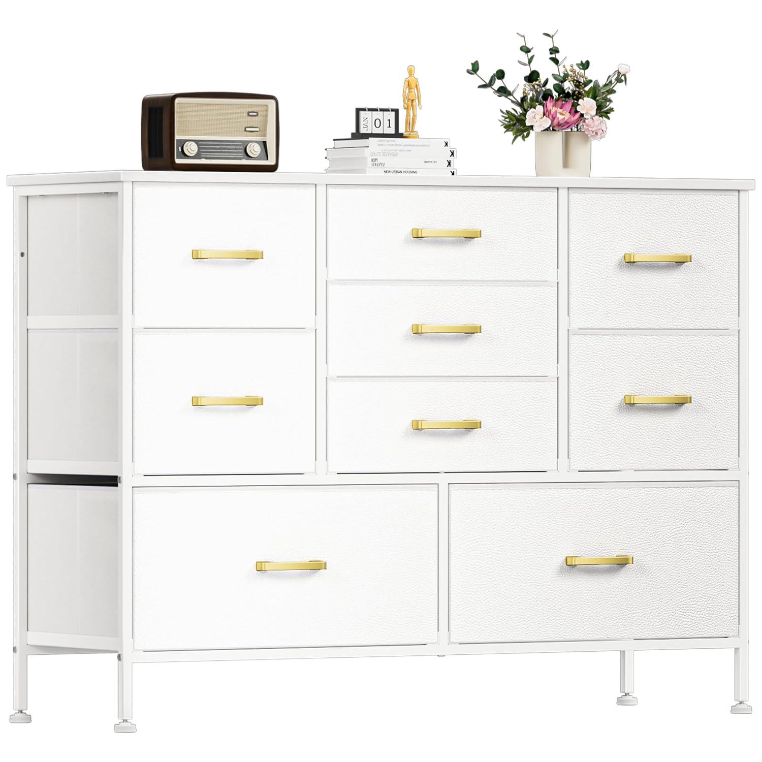 White Fabric Chest of Drawers with Leather Finish, Wide Dresser for Bedroom & Living Room TV Stand, Entertainment Center, Featuring 9 Drawers for 50” TV