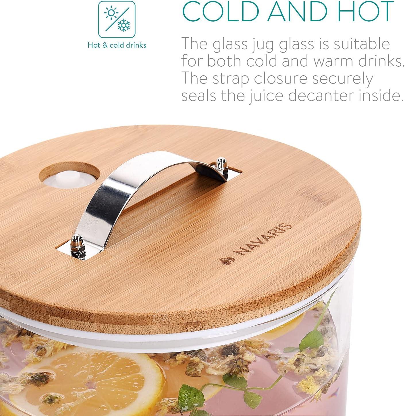 Navaris Beverage Dispenser with Stand - 1.8 Gallon (7L) Glass Drink Dispenser with Spigot, Lid, Wood Stand for Hot or Cold Drinks, Ice Water, Parties