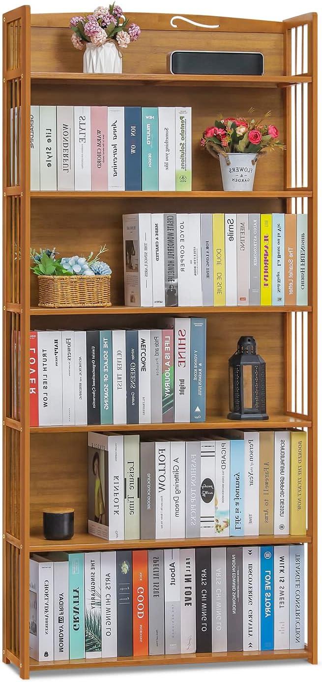 Natural Bamboo 6-Shelf Adjustable Bookcase with Slat Sides