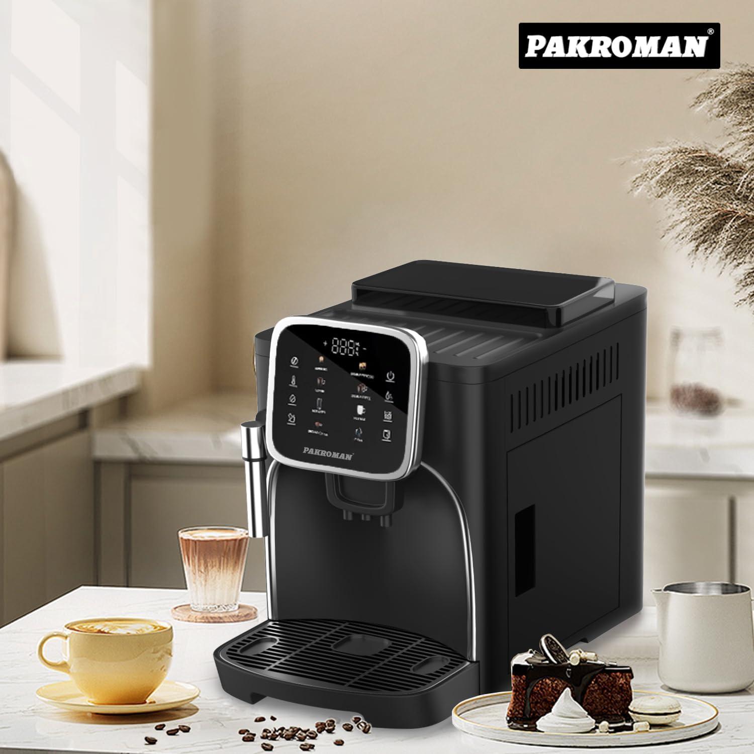 Pakroman Fully Automatic Espresso Machine Milk Frother+19 Bar Italian Ulka Touch Display+Burr Grinder