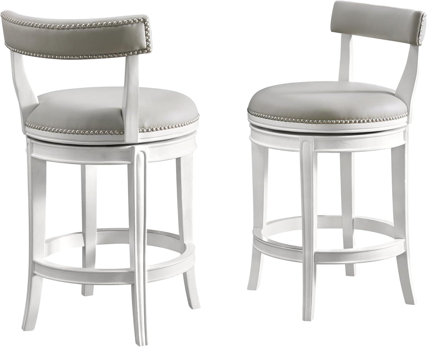 Alaterre Hanover Swivel Bar Height Stool, White and Gray, 30-Inch Seat Height, Solid Rubberwood Frame with Faux Leather Upholstery, Nailhead Trim, Memory Return Swivel, Ideal for Kitchen, Dining Area, Set of 2