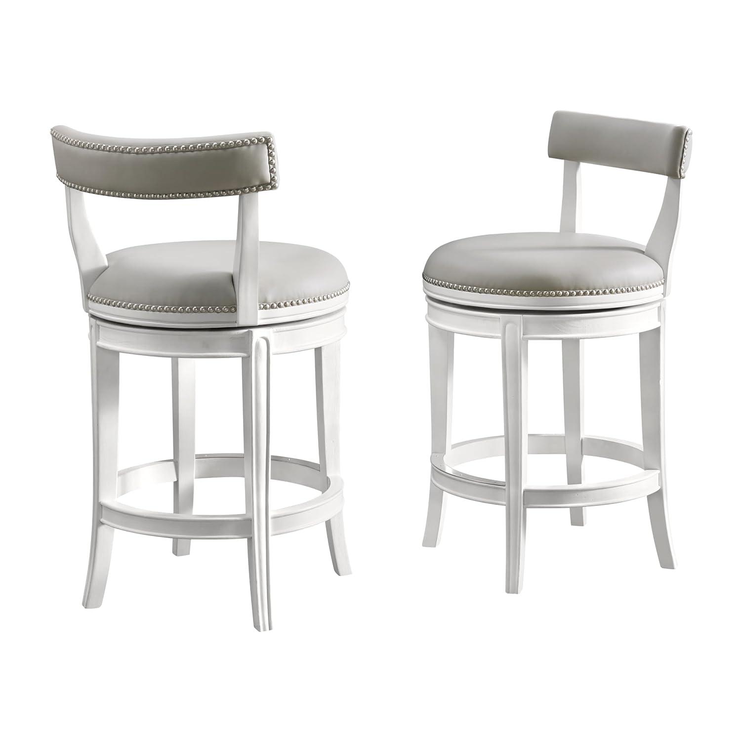 Alaterre Hanover Swivel Bar Height Stool, White and Gray, 30-Inch Seat Height, Solid Rubberwood Frame with Faux Leather Upholstery, Nailhead Trim, Memory Return Swivel, Ideal for Kitchen, Dining Area, Set of 2