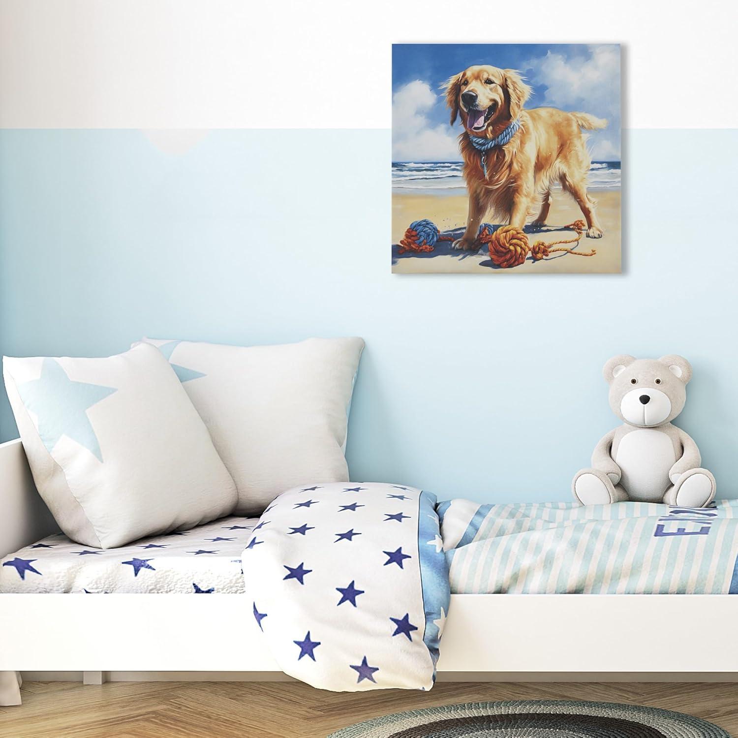 Madison Park 16"x16" Beach Playful Lively Dogs Print Canvas Wall Decor Art Golden Retriever Blue: Farmhouse Style