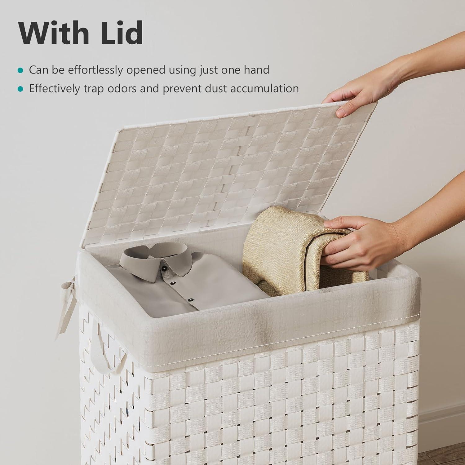 White Collapsible Handwoven Upright Hamper with Lid