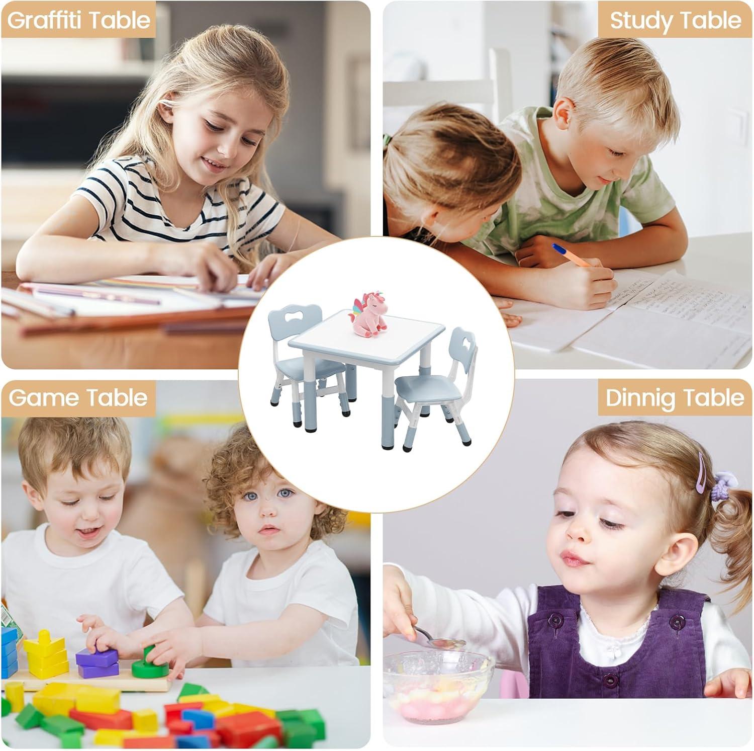 RONIPIC Height Adjustable Toddler Table and 2 Chairs Set with Graffiti Desktop, Kids Table and Chairs Set, Non-Slip Legs, Kids Activity Table for Home, Nursery, Blue