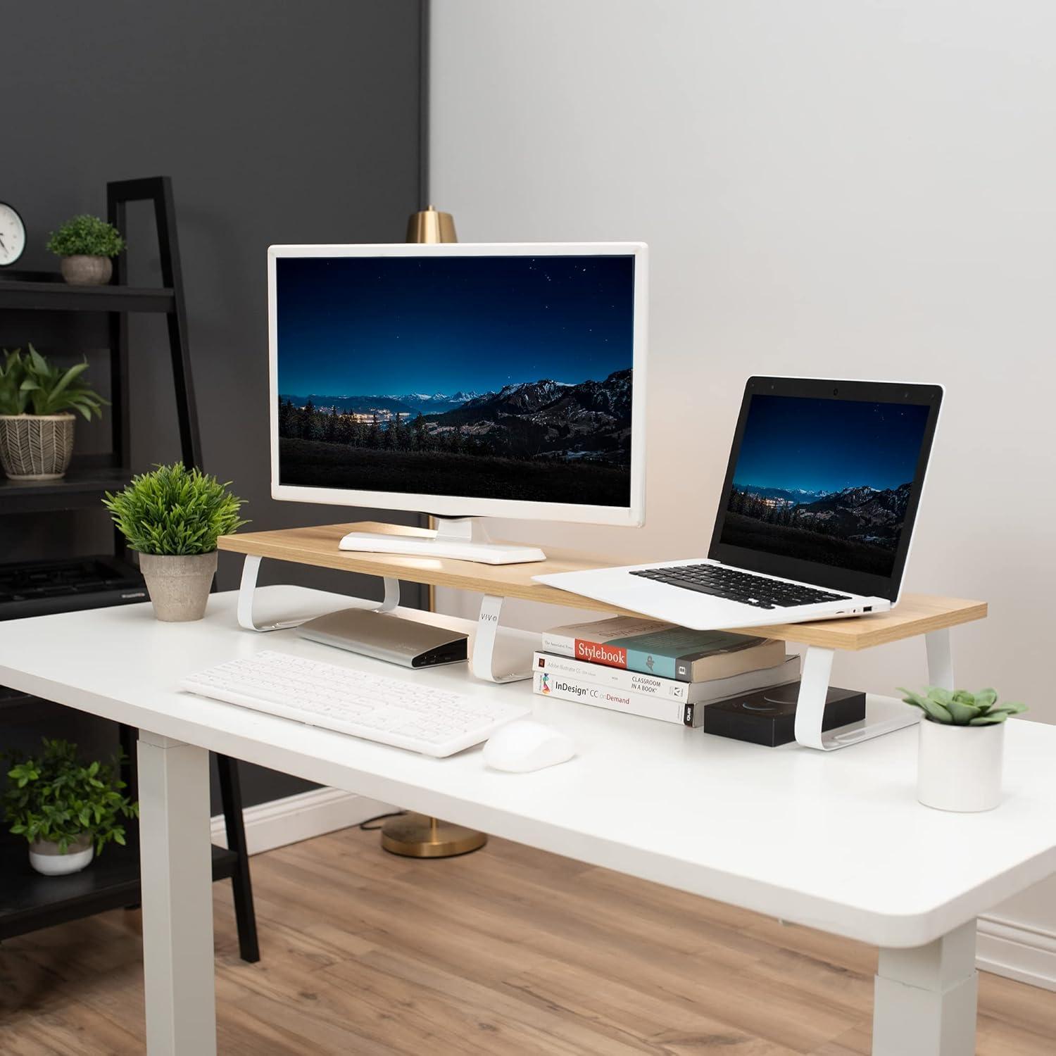 Vivo 39'' Light Wood Desktop Monitor Riser with White Steel Legs