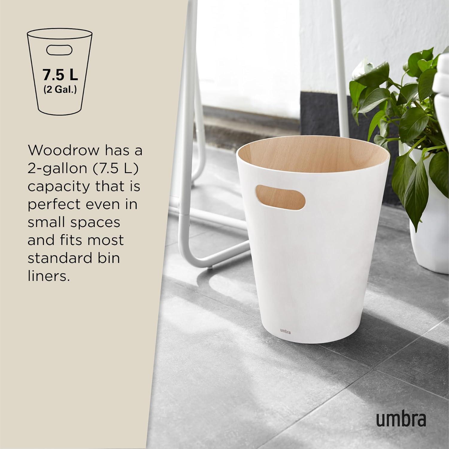 White and Natural Wood Bathroom Trash Can with Handles