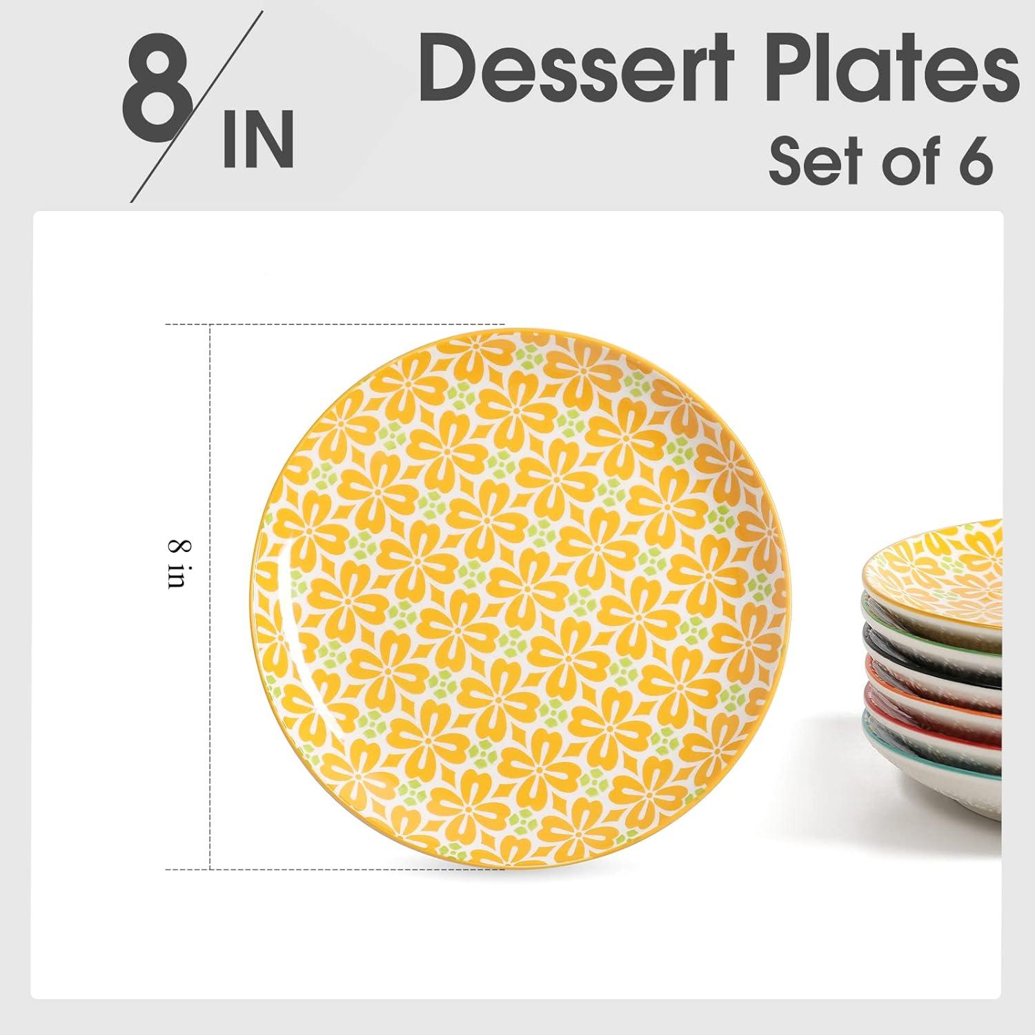 AHX Multicolor Round Plate Set 8 inch - Salad Plates - Dessert Appetizer Plates - Porcelain Lunch Plates - Set of 6
