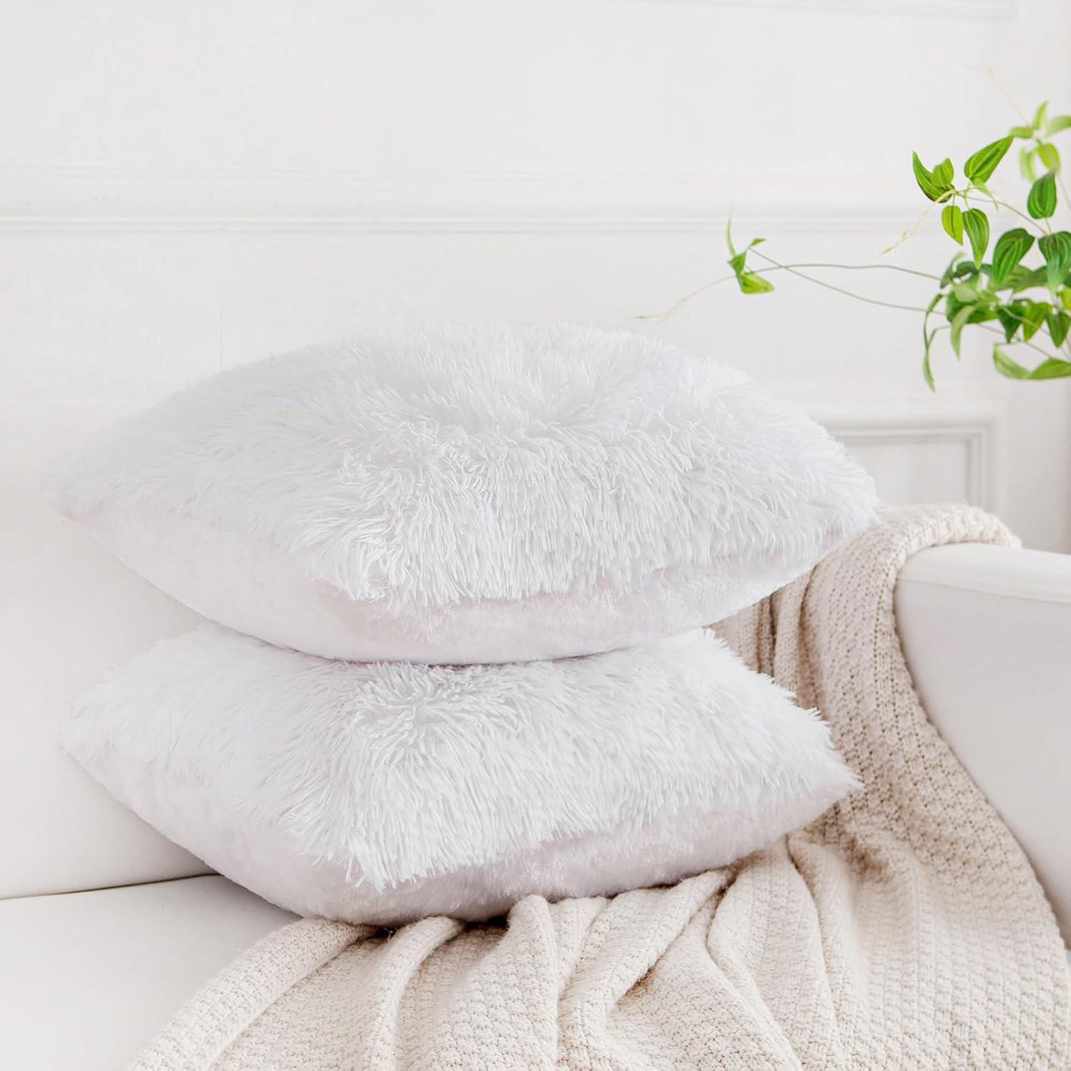 Fluffy White Faux Fur Pillow Covers   Set of 2, Cozy and Soft, 18x18 Inch, Invisible Zipper