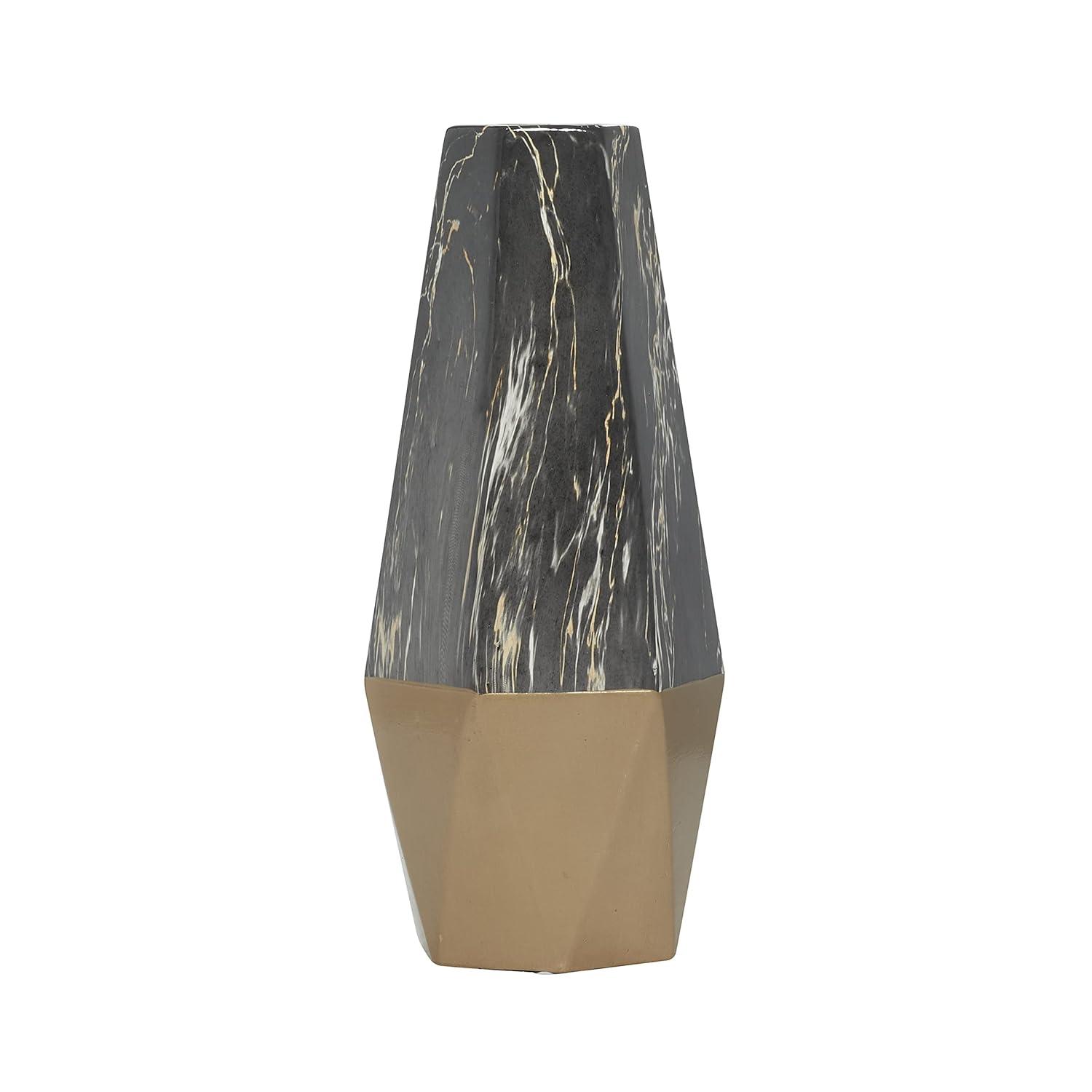 Mercer41 Bhavya Ceramic Faux Marble Decorative Dark Gray Vase with Gold Base