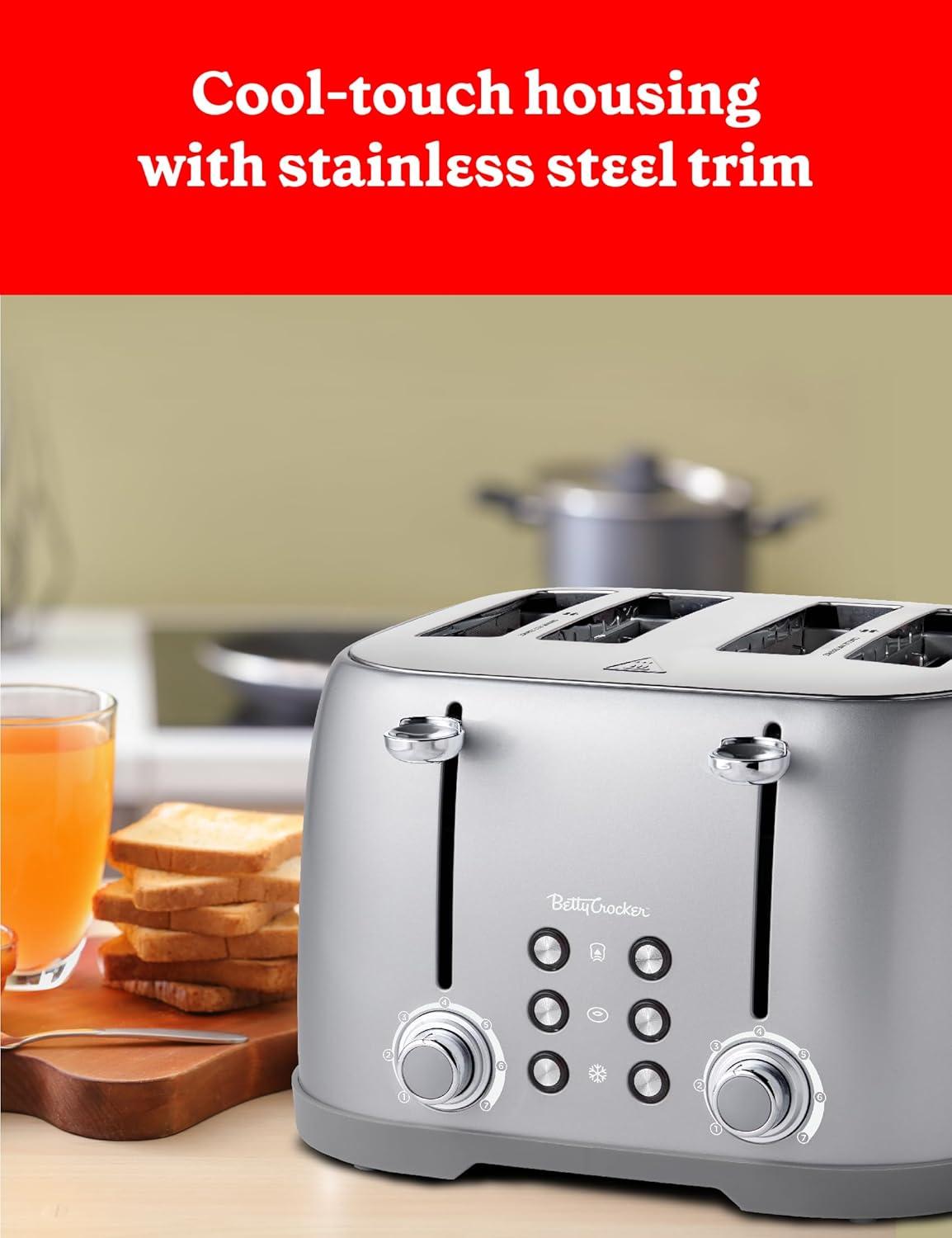 Betty Crocker 4-Slice Toaster, Silver with Extra Wide Slots