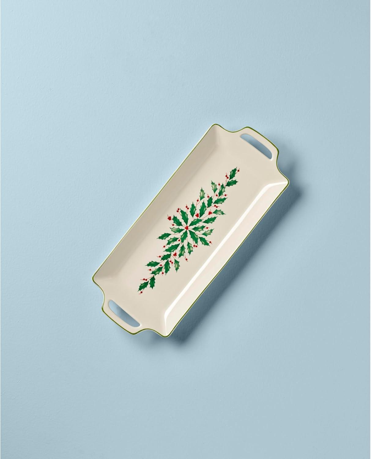 Festive Ivory Porcelain Holiday Hors D'Oeuvre Tray with Holly Motif