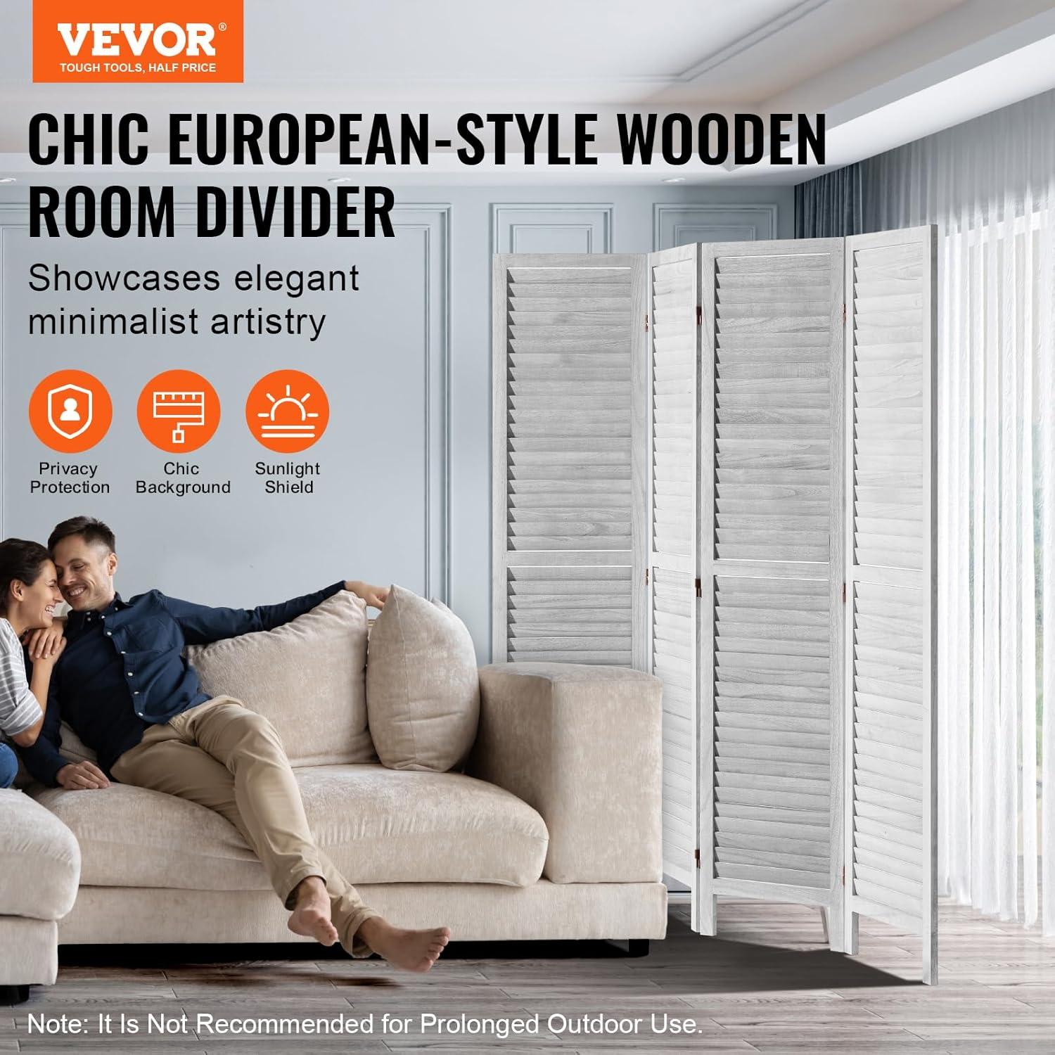 Wood Room Divider, 8 Panel Wood Folding Privacy Screen, 66.9 in. Tall Indoor Louvered Wooden Partition, Portable