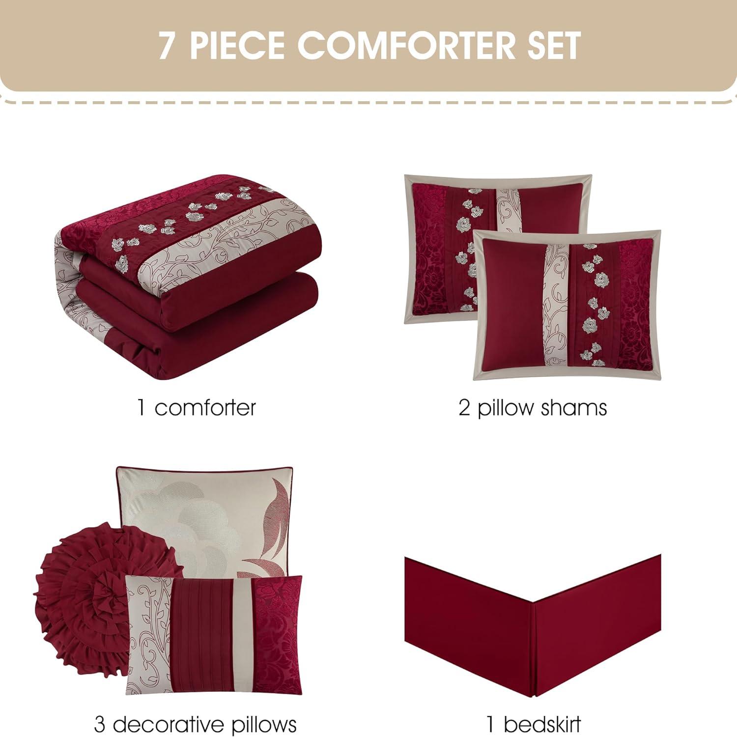 King Size 7 Piece Burgundy Brown Embroidery Soft Bedding Comforter Set