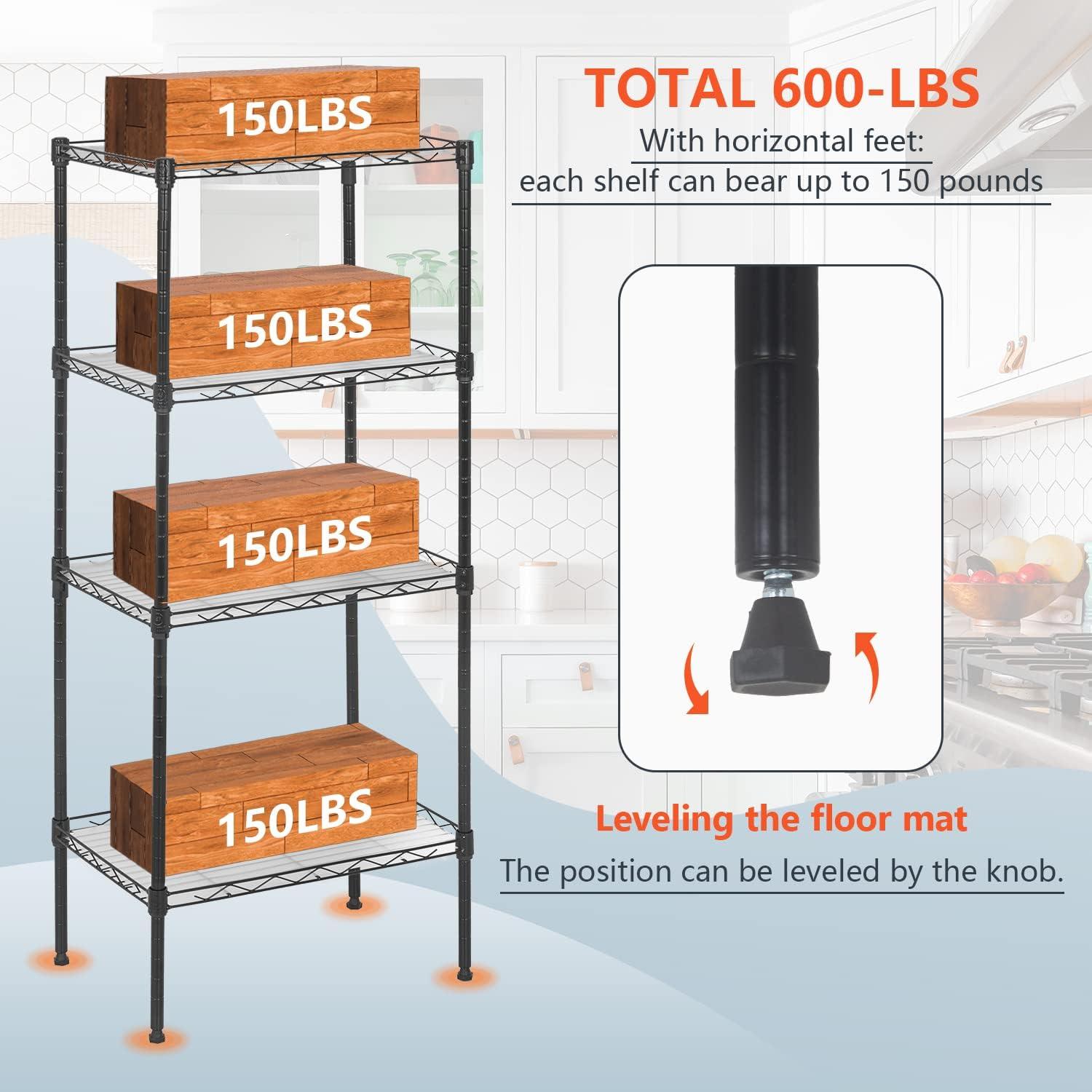 YRLLENSDAN 4 Tier Metal Shelving Units with 4 PP Sheets, 600 lbs Capacity Storage Shelves for Kitchen Heavy Duty Wire Shelving Rack for Pantry Closet Laundry