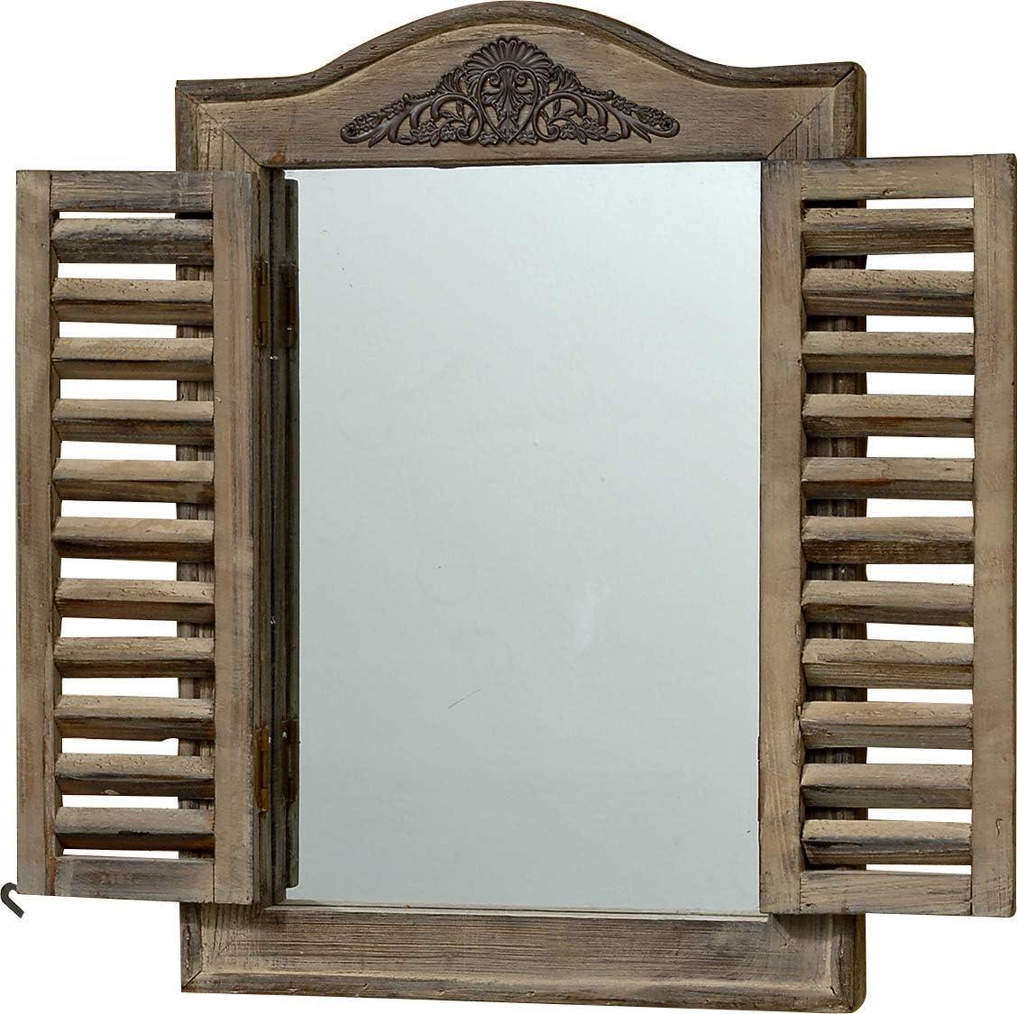 French Country Style Rustic Window Mirror with Shutters, Sustainable Wood, Approx. 18 Inches High, Distressed Gray Wash with Vintage Style Metal Decoration