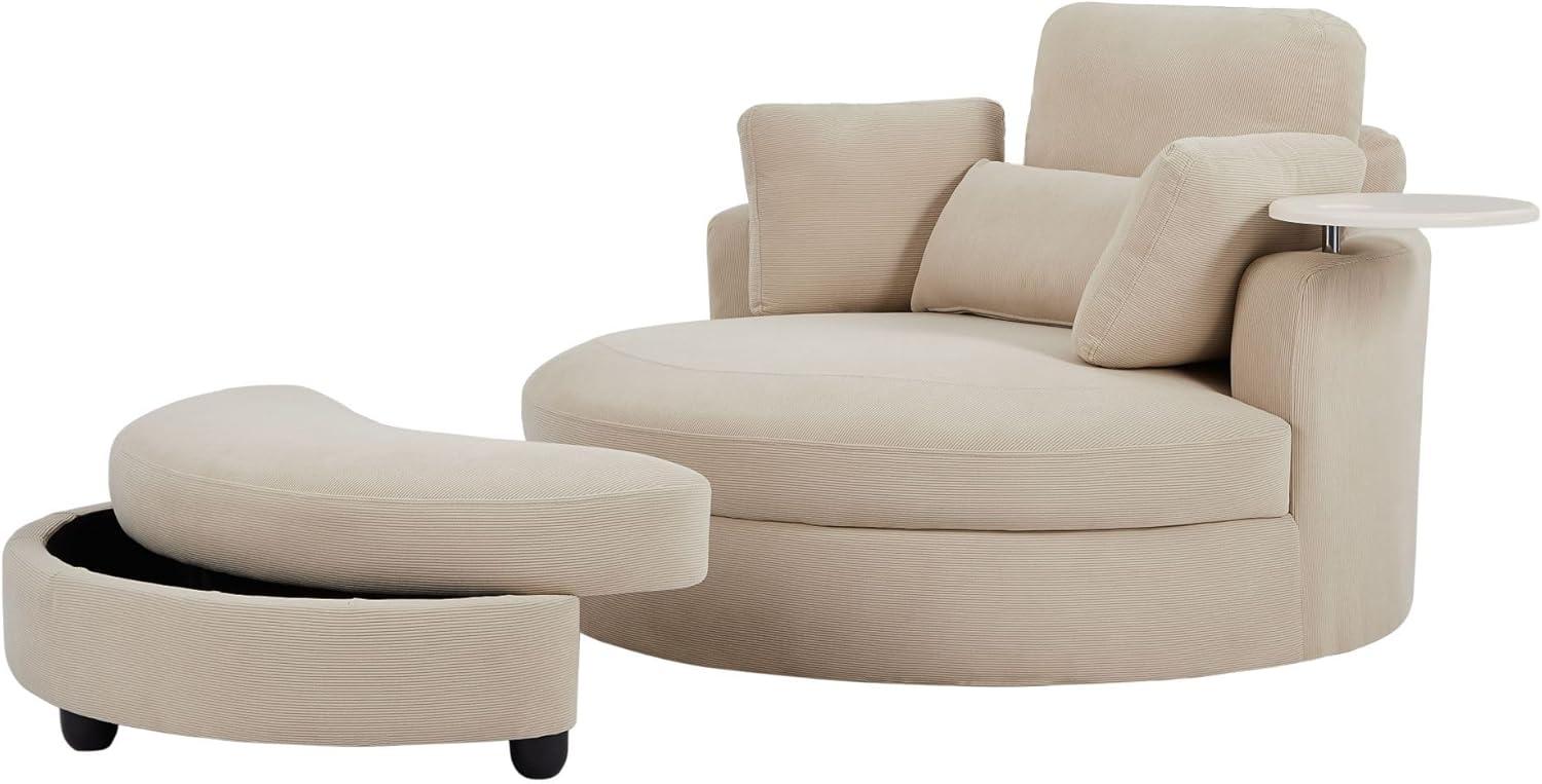 DEINPPA Swivel Round Barrel Chair with Storage Ottoman and 4 Movable Pillow Backrest, 360° Round Rotating Sofa Chair for Living Room, Hotel, Bedroom, Office, Lounge (Green + Chenille+ Foam)