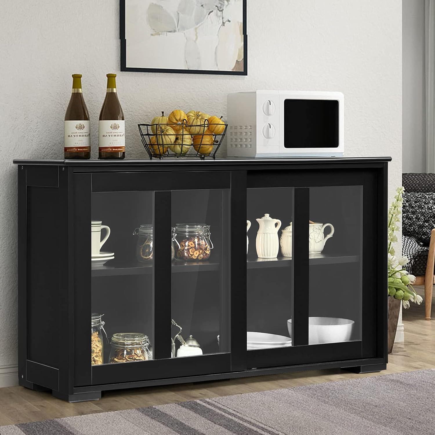 Black MDF and Glass Sliding Door Sideboard Cabinet