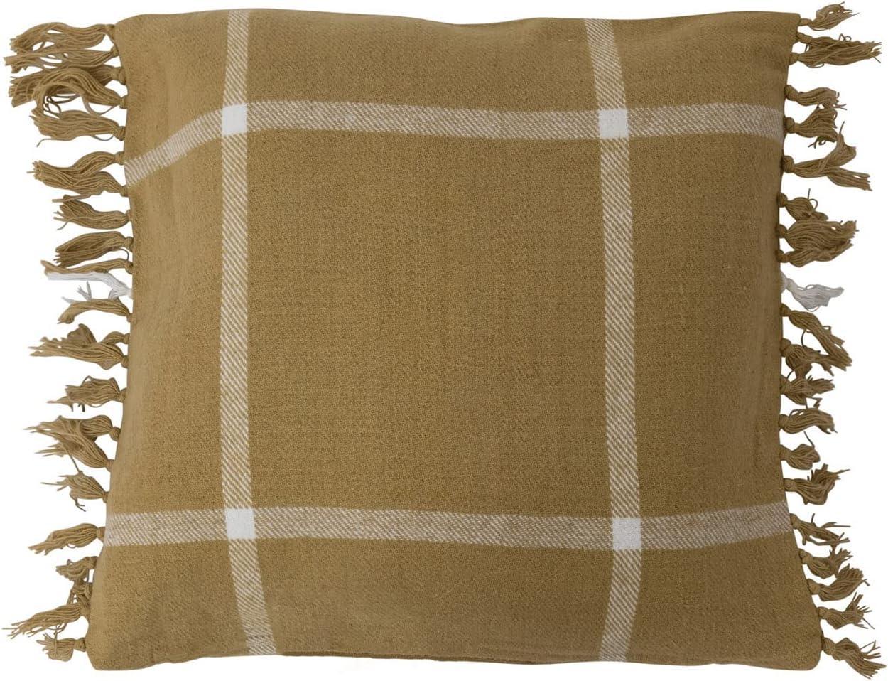 Citron Square Cotton Flannel Plaid Throw Pillow with Decorative Fringe