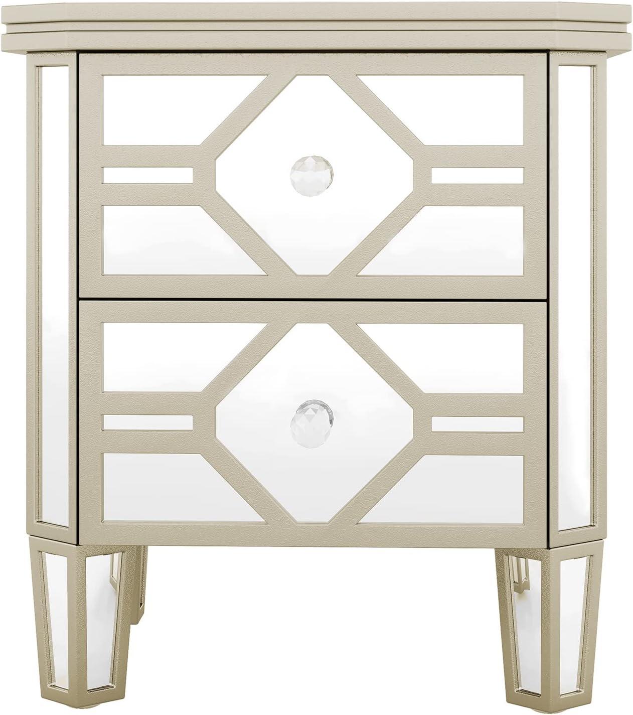 Elegant Silver Mirrored 2-Drawer Nightstand with Golden Accents