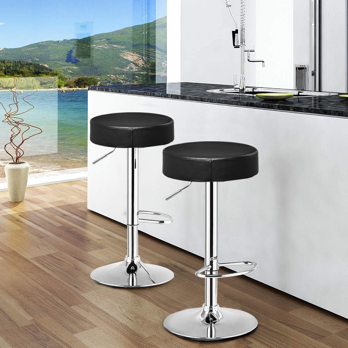 WATERJOY Adjustable Round Bar stools Set of 2, PU Seat Swivel Bar Stool with footrest