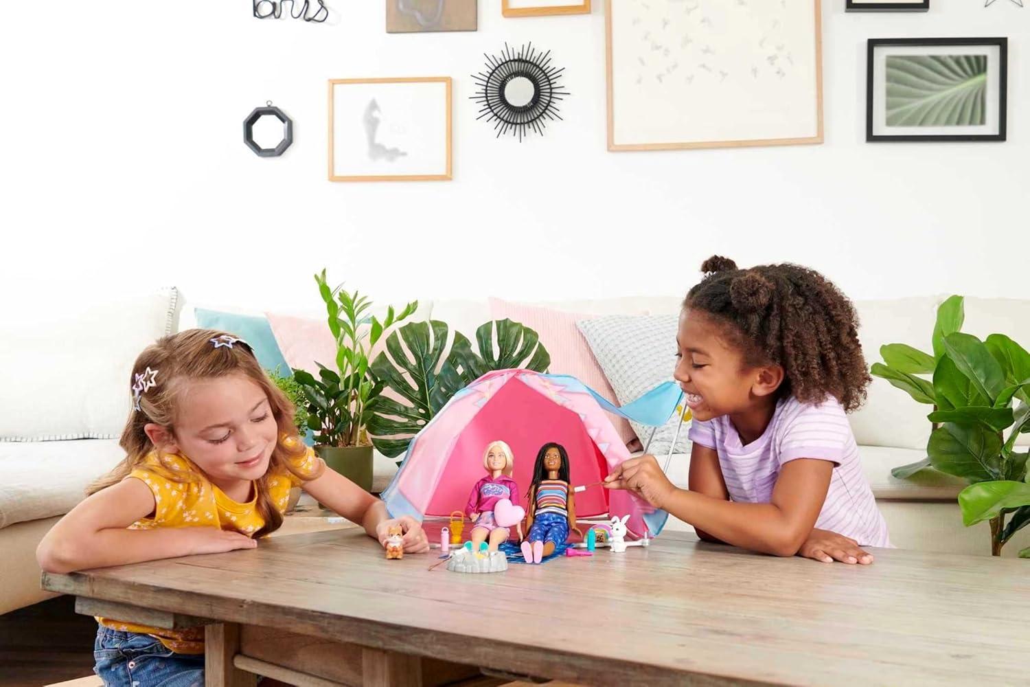 Barbie It Takes Two Let's Go Camping Tent Playset with Brooklyn & Malibu Dolls & 20 Accessories