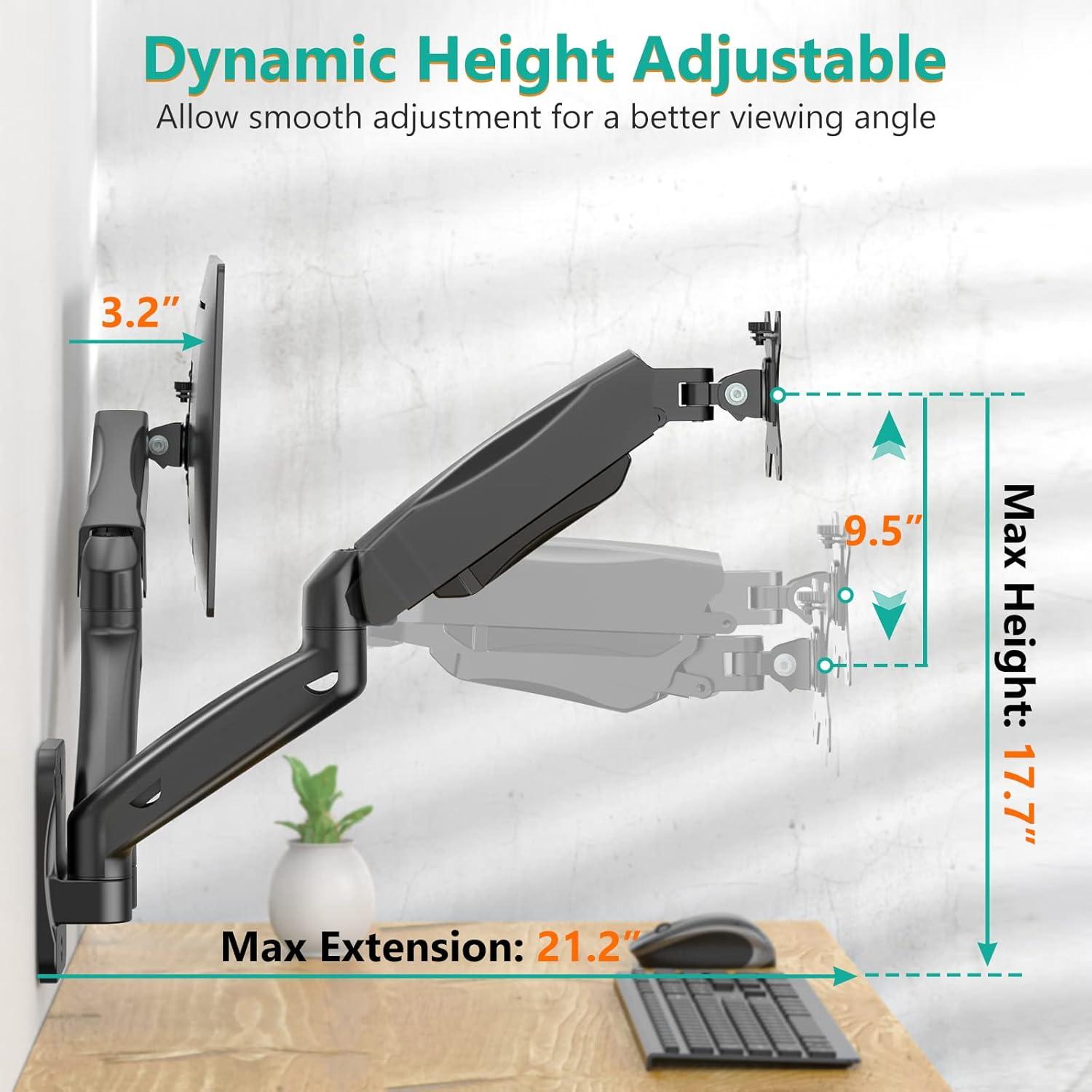 Black Dual Monitor Wall Mount with Gas Spring Arm for 27-32 Inch Screens