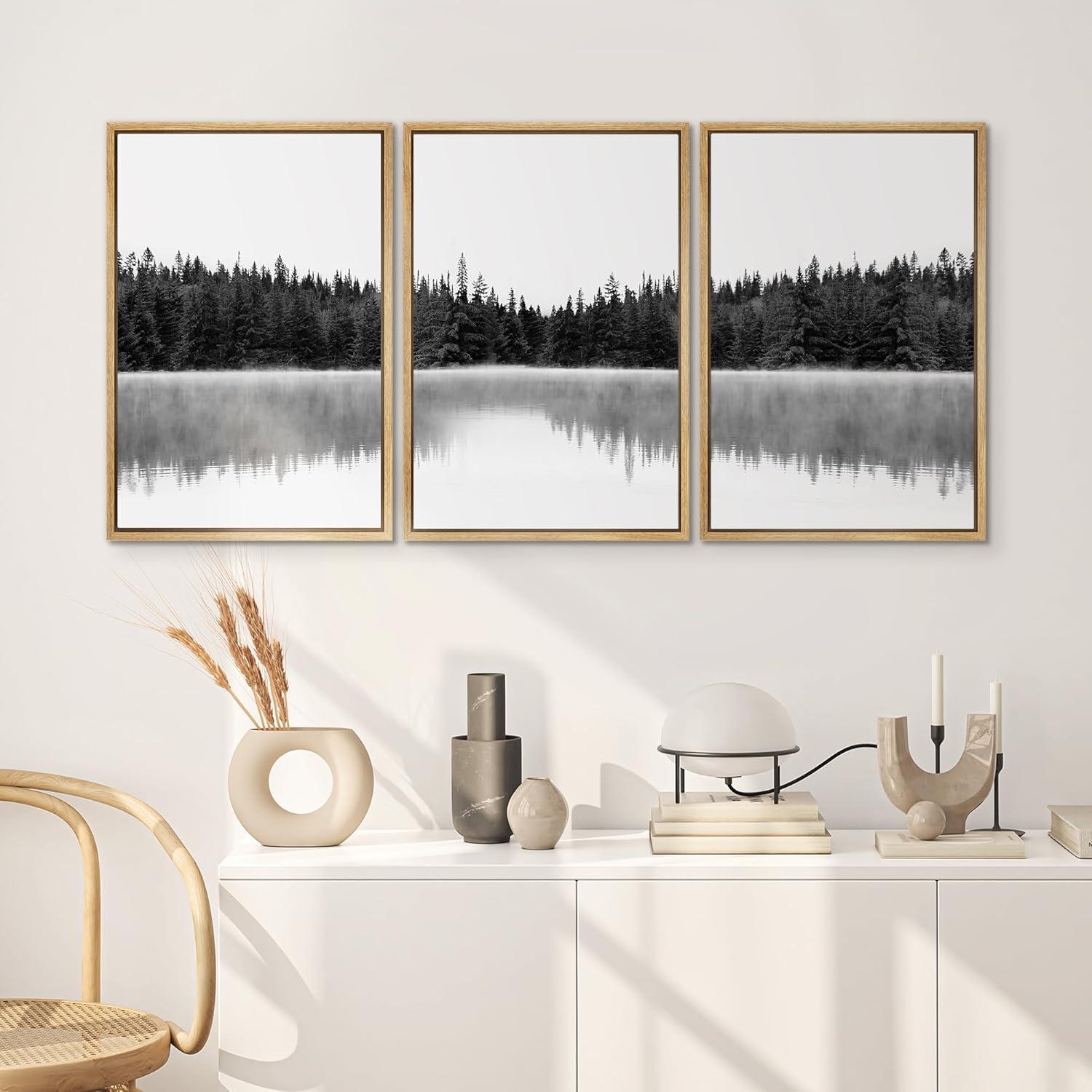 Nature Landscape " Woodland Nursery Decor Black And White Forest With Lake Nature Abstract " 3 - Pieces