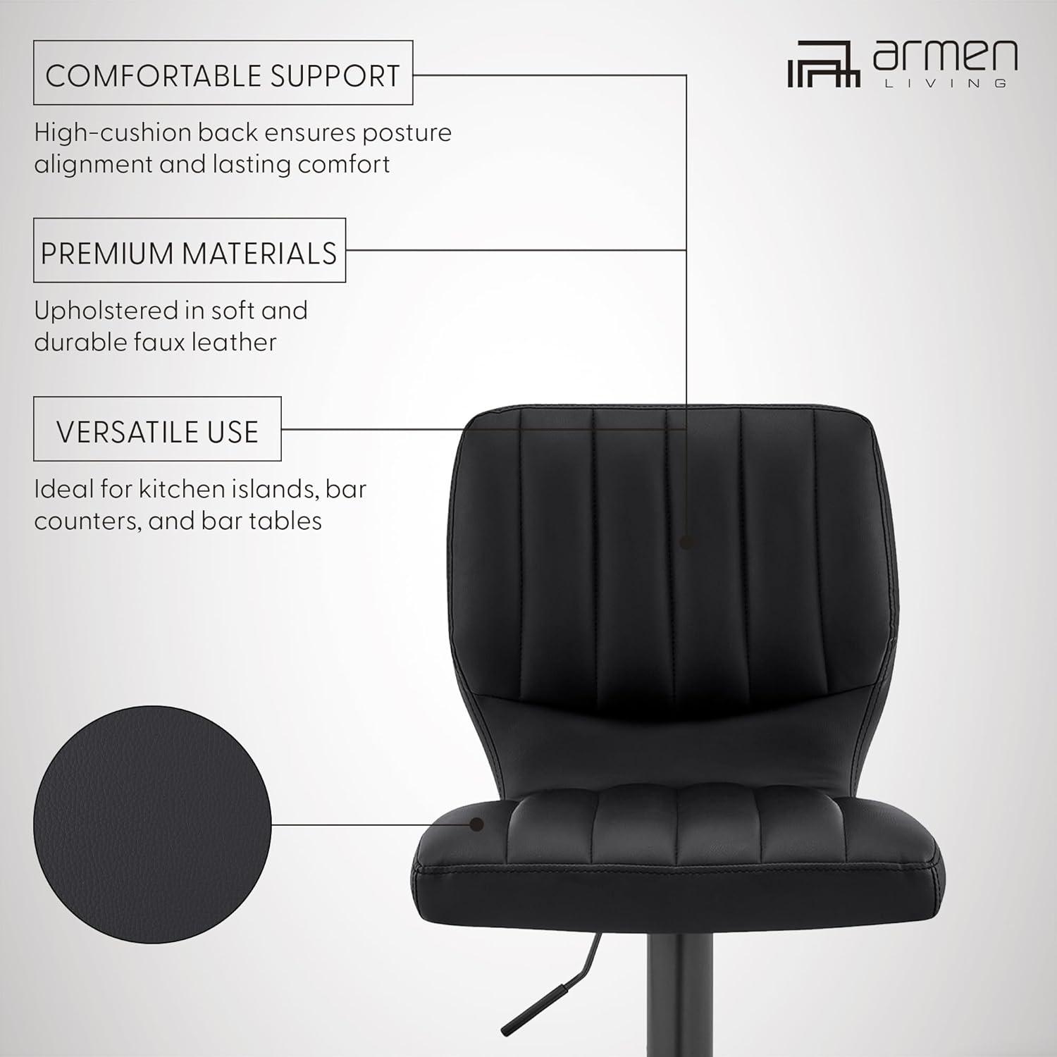 Bardot Adjustable Barstool with Faux Leather and Metal Finish Black - Armen Living: Swivel, Hydraulic Lift, 360-Degree Function