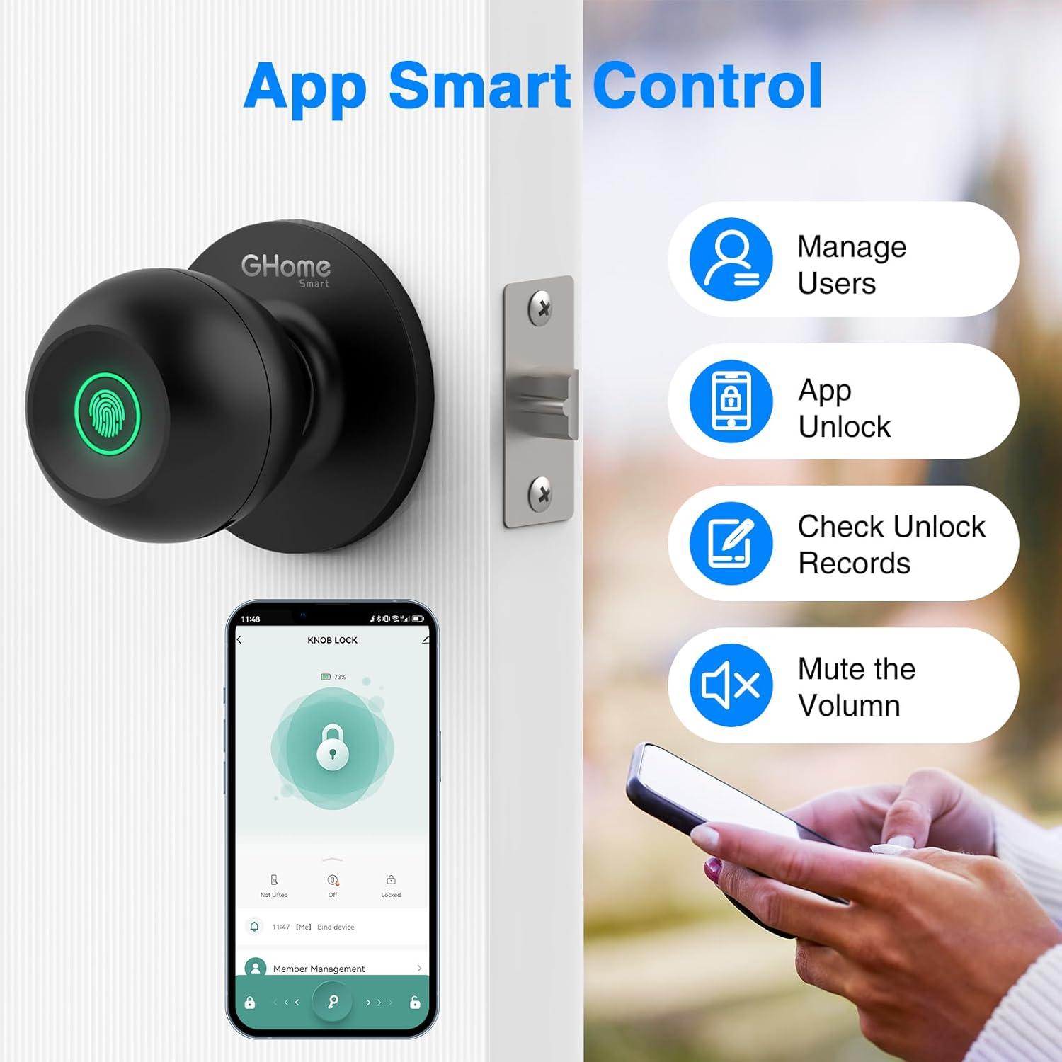 Ghome Fingerprint Smart Door Knob Lock App Control Biometric with Type-C Charge