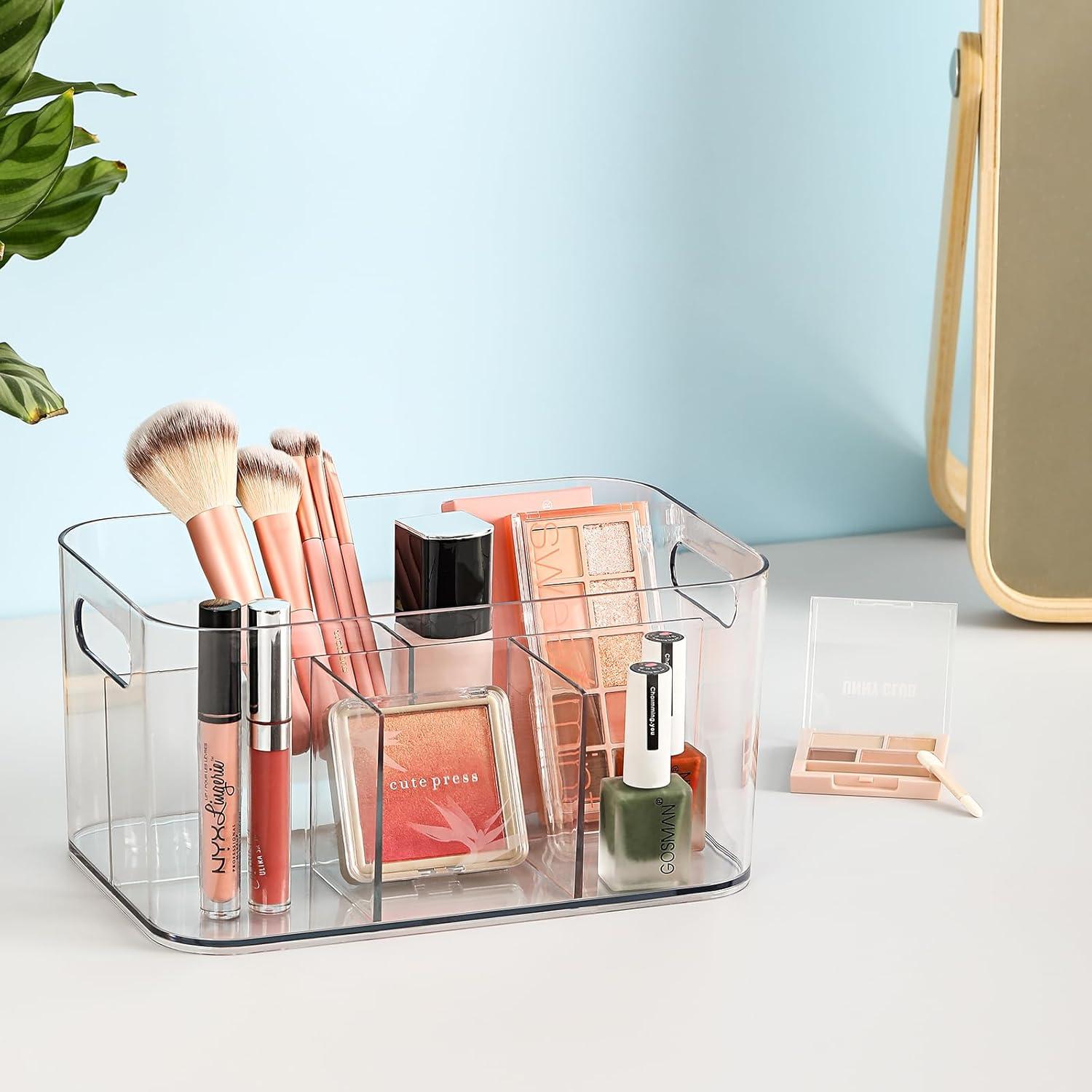 5-Compartment Clear Plastic Bin - Divided Art Supplies, Cosmetic Makeup Caddy Organizer - Multiuse Storage Container for Vanity, Bathroom, Kitchen, Office, Craft, Shower, Cleaning Items, (1 Pack)