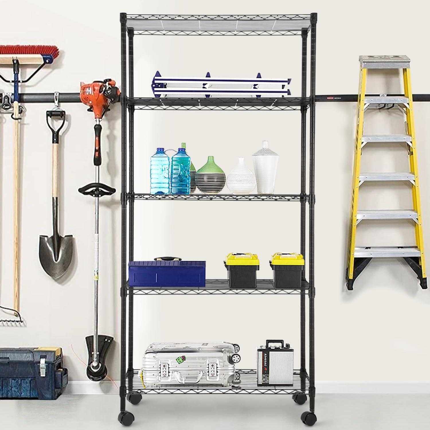 FDW 5 Tier Wire Rack With Casters Unit Heavy Duty Storage Rack Metal Rack Garage Organizer Wire Rack