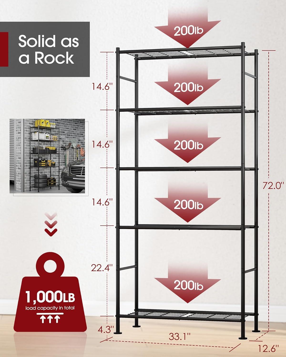 Storage Shelves - 5 Tier Shelf Organizer, Heavy Duty Garage Shelving Unit with Leveling Feet, Stable Metal Shelves Organizer for Pantry, Kitchen and Closet, 33.1" W X 12.6" D X 72.0" H, Black