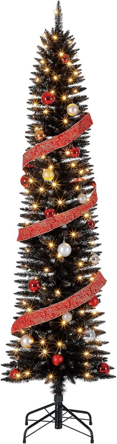 Home Heritage 7 Foot Pencil Slim Artificial Prelit Christmas Tinsel Tree, Black