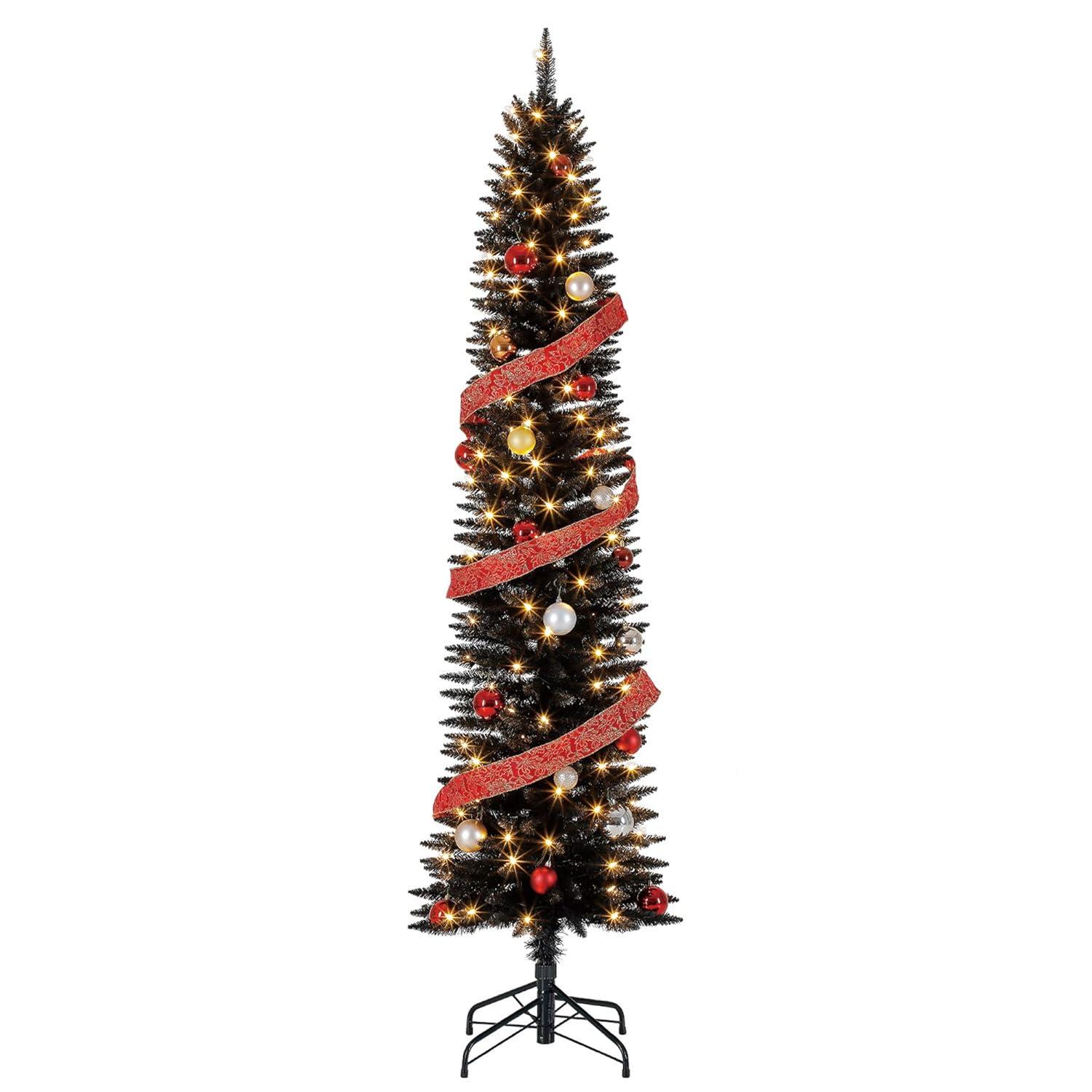 Polygroup Trading Ltd Home Heritage 7 Foot Pencil Slim Artificial Prelit Christmas Tinsel Tree, Black