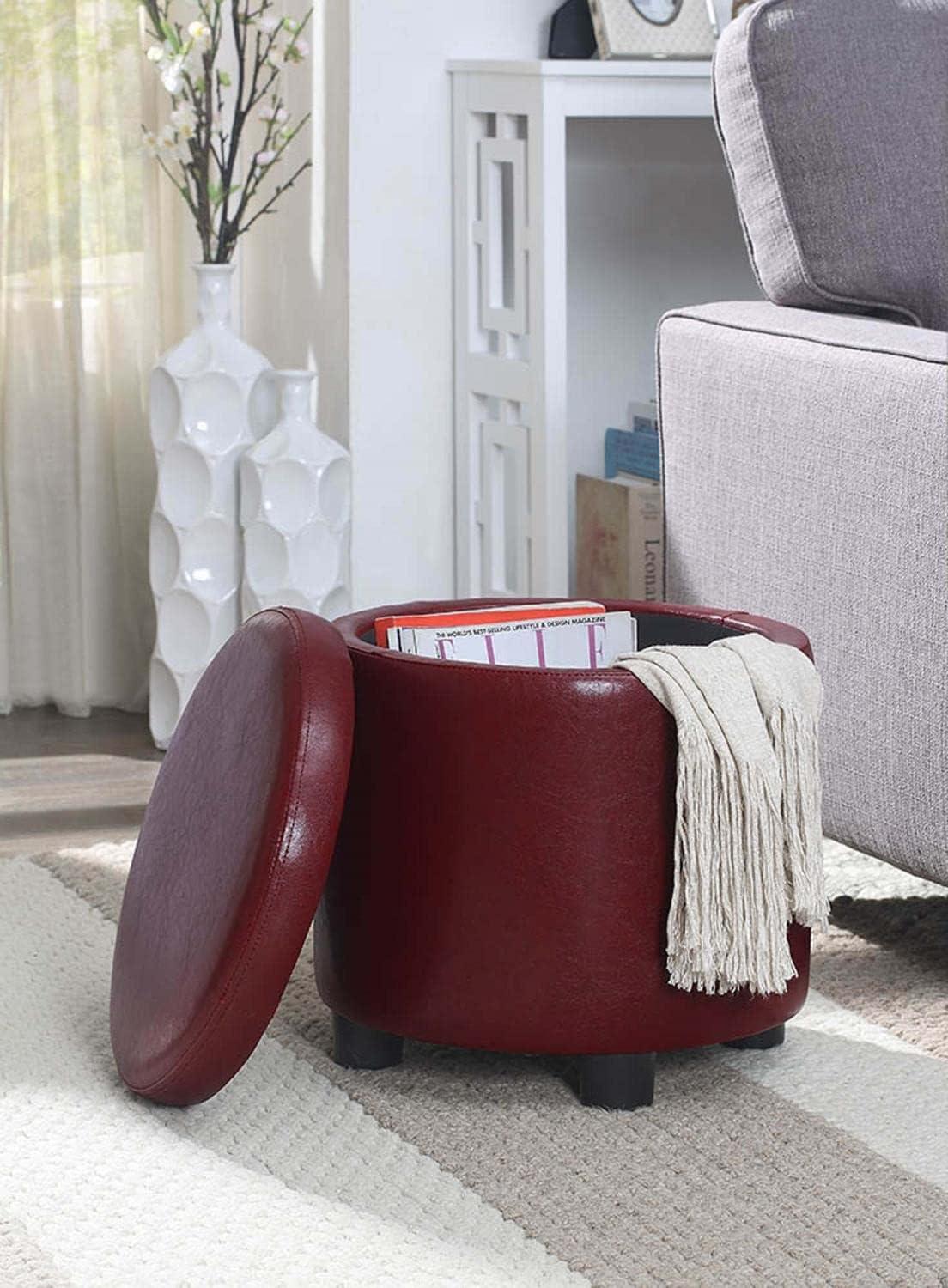 Designs4Comfort Round Accent Storage Ottoman with Reversible Tray Lid, Burgundy Faux Leather