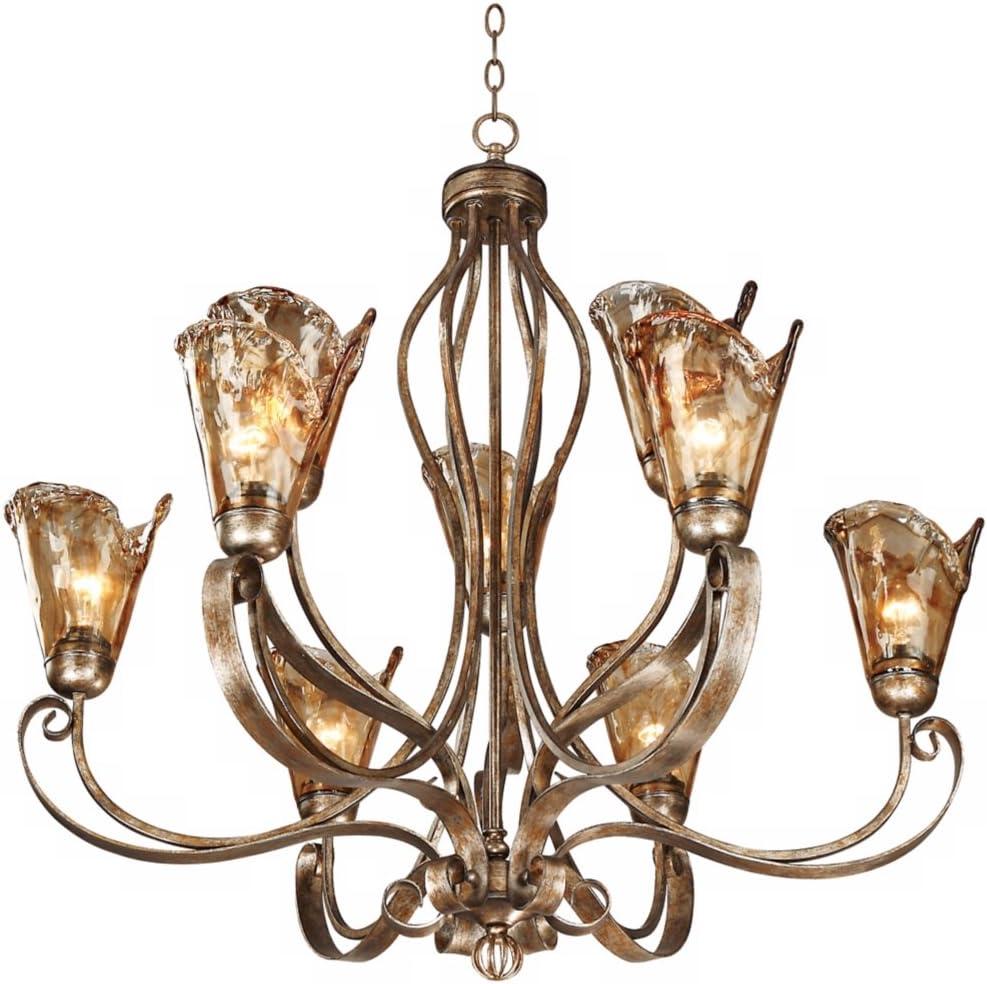 Franklin Iron Works Amber Scroll Golden Bronze Large Chandelier 35 1/2" Wide Rustic Art Glass 9-Light Fixture for Dining Room House Kitchen Island