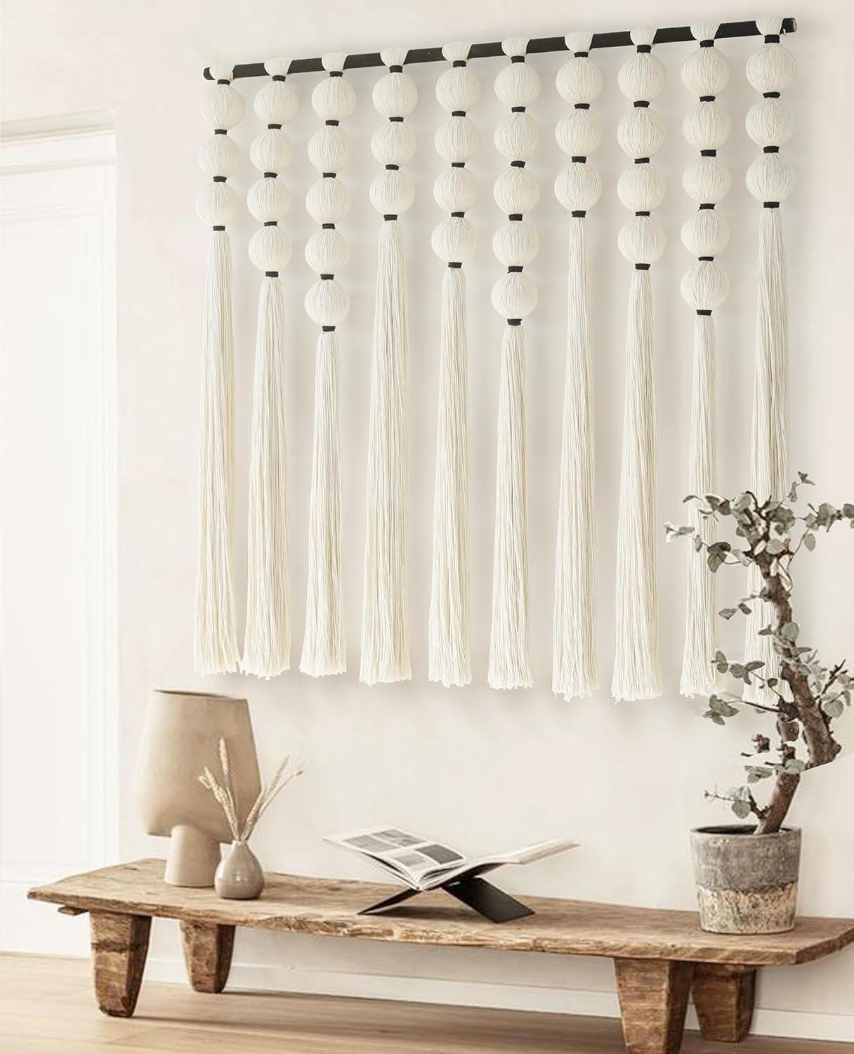 Large Off-White Cotton Macrame Wall Hanging with Spherical Design