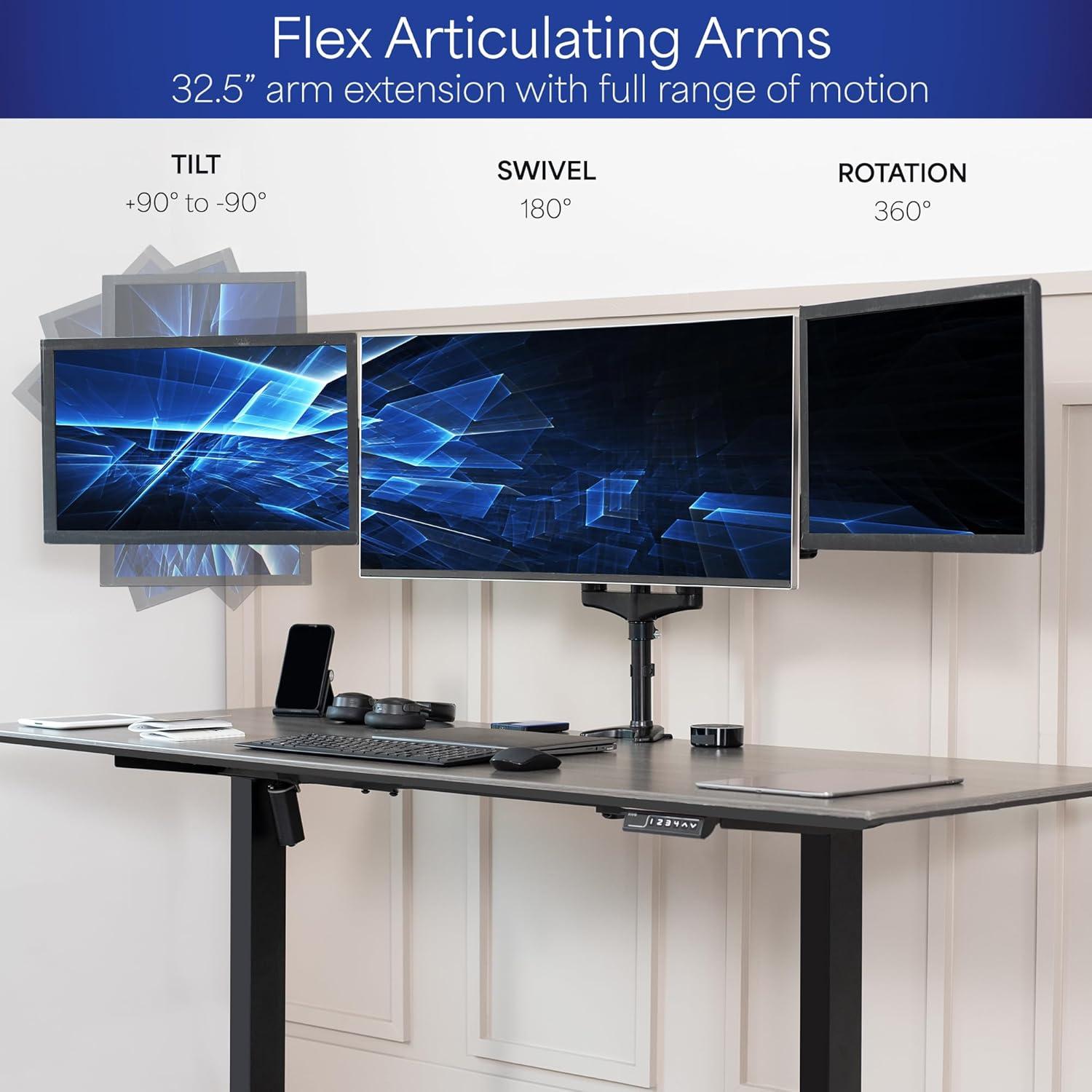 VIVO Black Triple Monitor Mount, 2 Pneumatic Arms + 1 Fixed, 3 Screens up to 32"