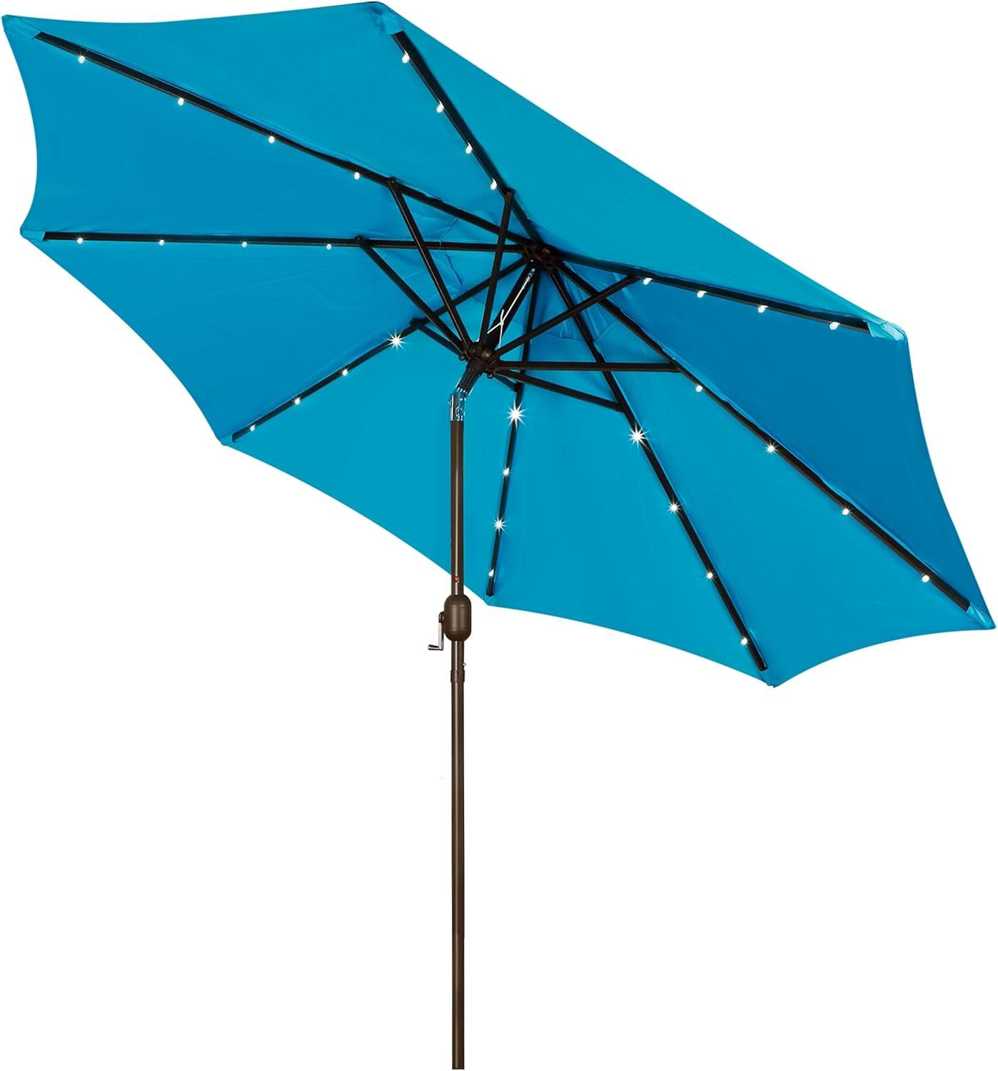 Light Blue 9 ft LED Lighted Market Beach Umbrella with Black Aluminum Pole